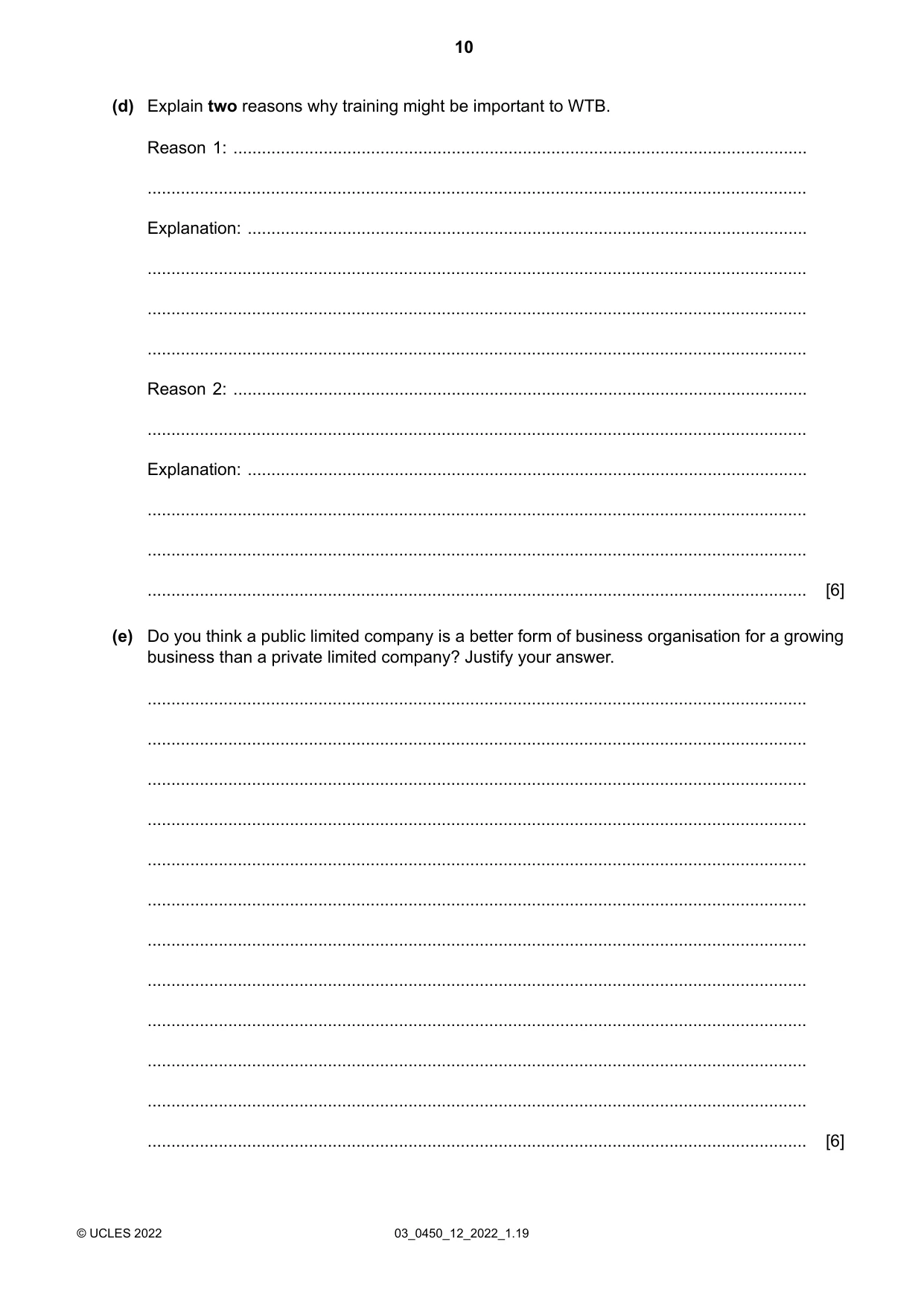 Cambridge IGCSE Business Studies 0450 2022 Feb/March Paper 1 · Variant 2 question paper, page 10 of 12