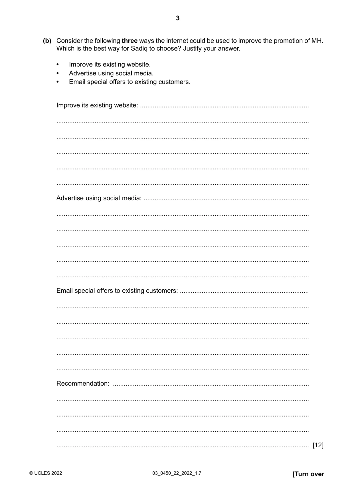 Cambridge IGCSE Business Studies 0450 2022 Feb/March Paper 2 · Variant 2 question paper, page 3 of 12
