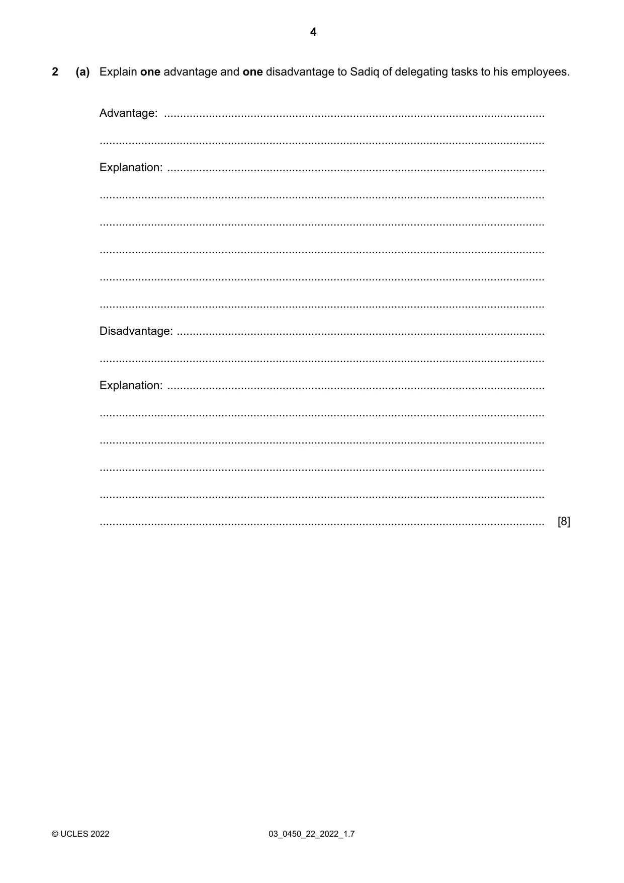Cambridge IGCSE Business Studies 0450 2022 Feb/March Paper 2 · Variant 2 question paper, page 4 of 12