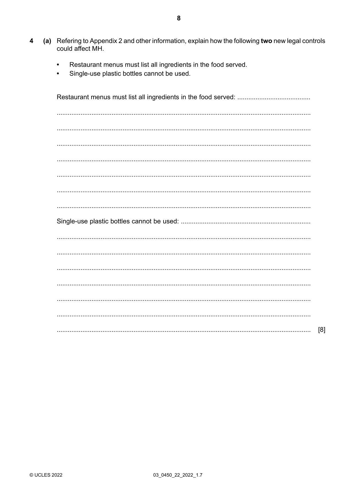 Cambridge IGCSE Business Studies 0450 2022 Feb/March Paper 2 · Variant 2 question paper, page 8 of 12