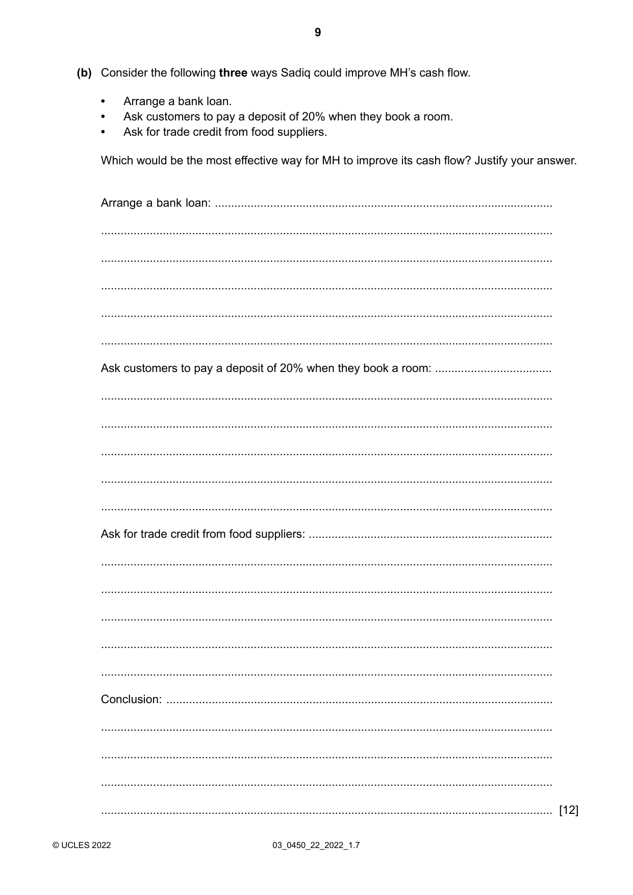 Cambridge IGCSE Business Studies 0450 2022 Feb/March Paper 2 · Variant 2 question paper, page 9 of 12