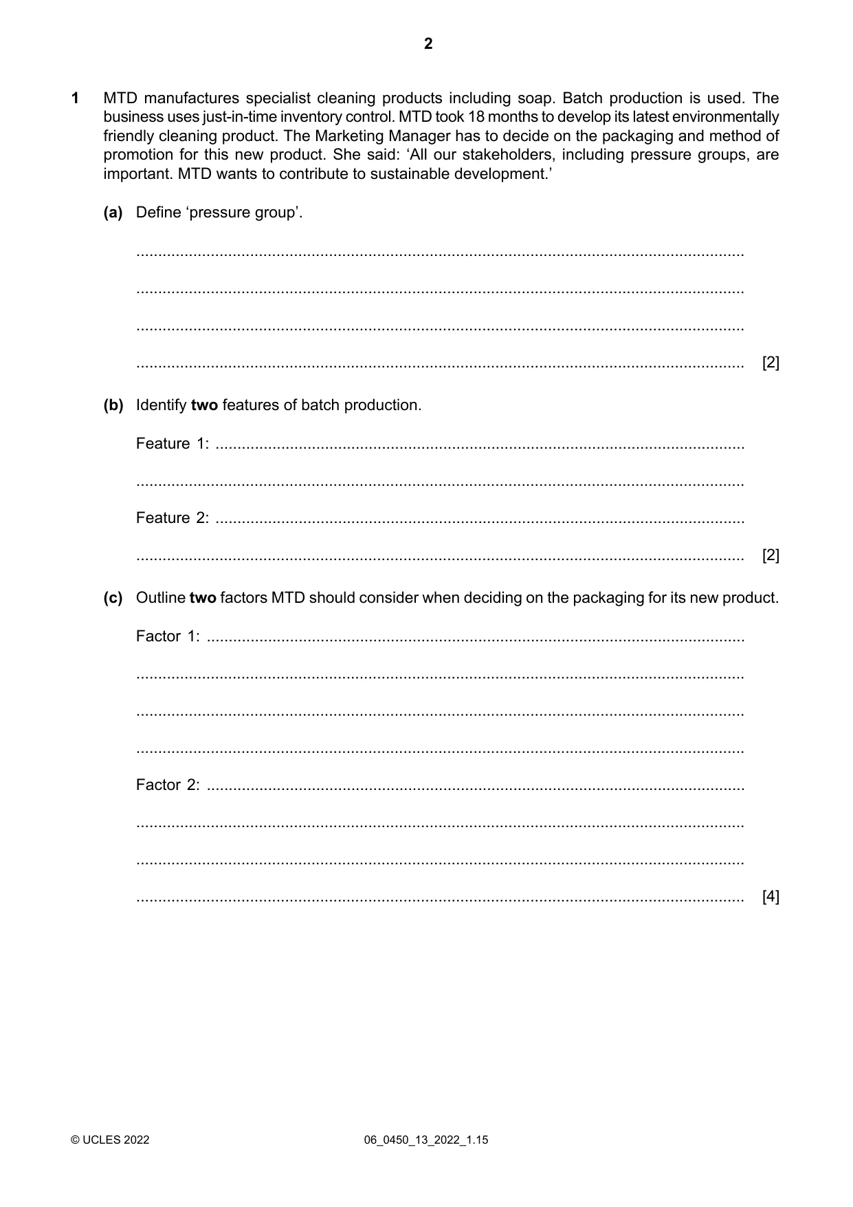 Cambridge IGCSE Business Studies 0450 2022 May/June Paper 1 · Variant 3 question paper, page 2 of 12