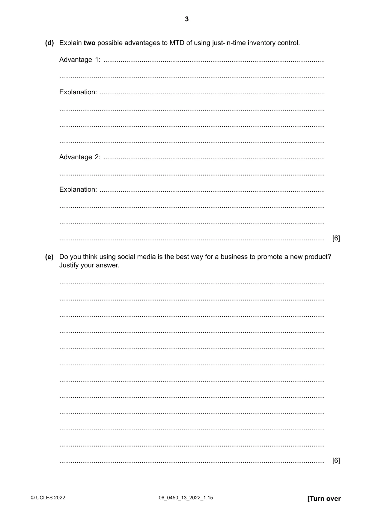 Cambridge IGCSE Business Studies 0450 2022 May/June Paper 1 · Variant 3 question paper, page 3 of 12