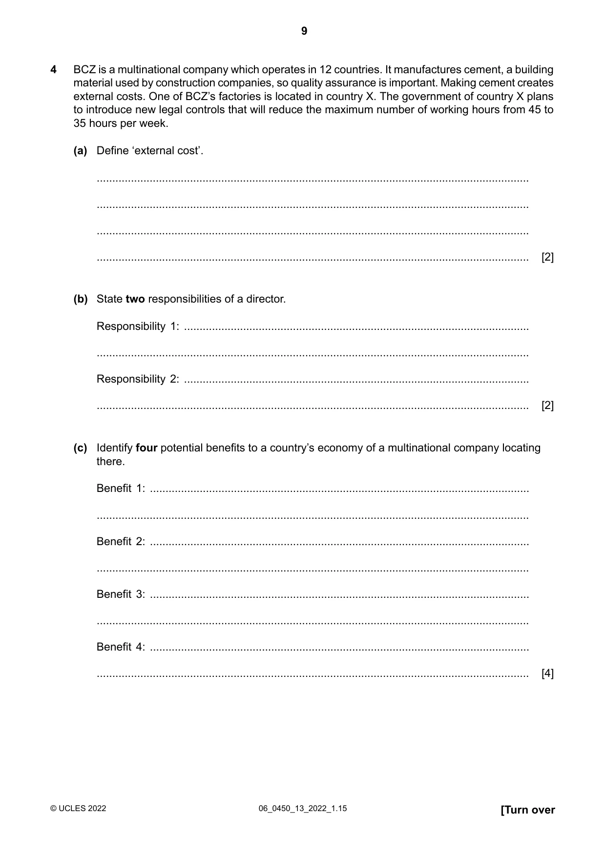 Cambridge IGCSE Business Studies 0450 2022 May/June Paper 1 · Variant 3 question paper, page 9 of 12