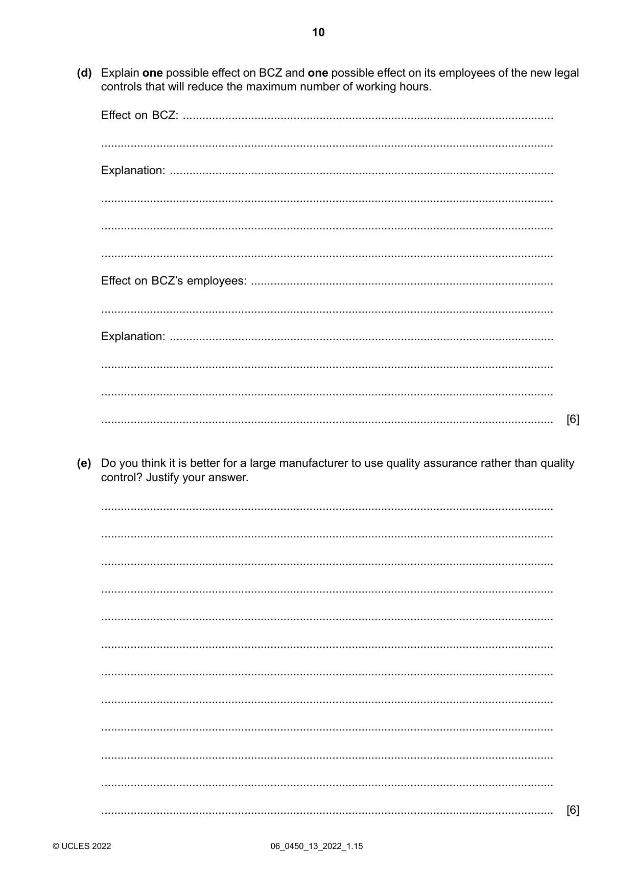 Cambridge IGCSE Business Studies 0450 2022 May/June Paper 1 · Variant 3 question paper, page 10 of 12