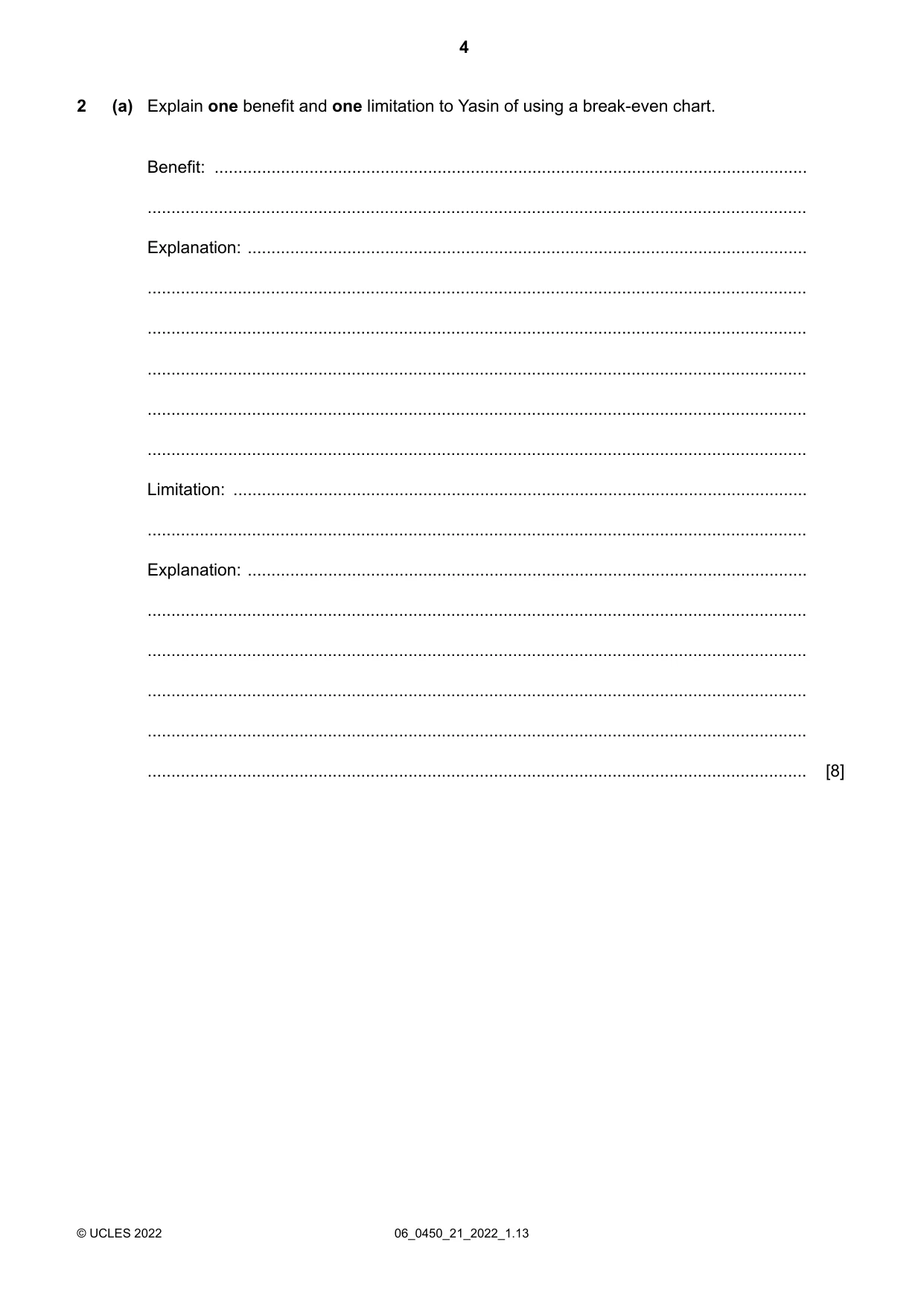 Cambridge IGCSE Business Studies 0450 2022 May/June Paper 2 · Variant 1 question paper, page 4 of 12