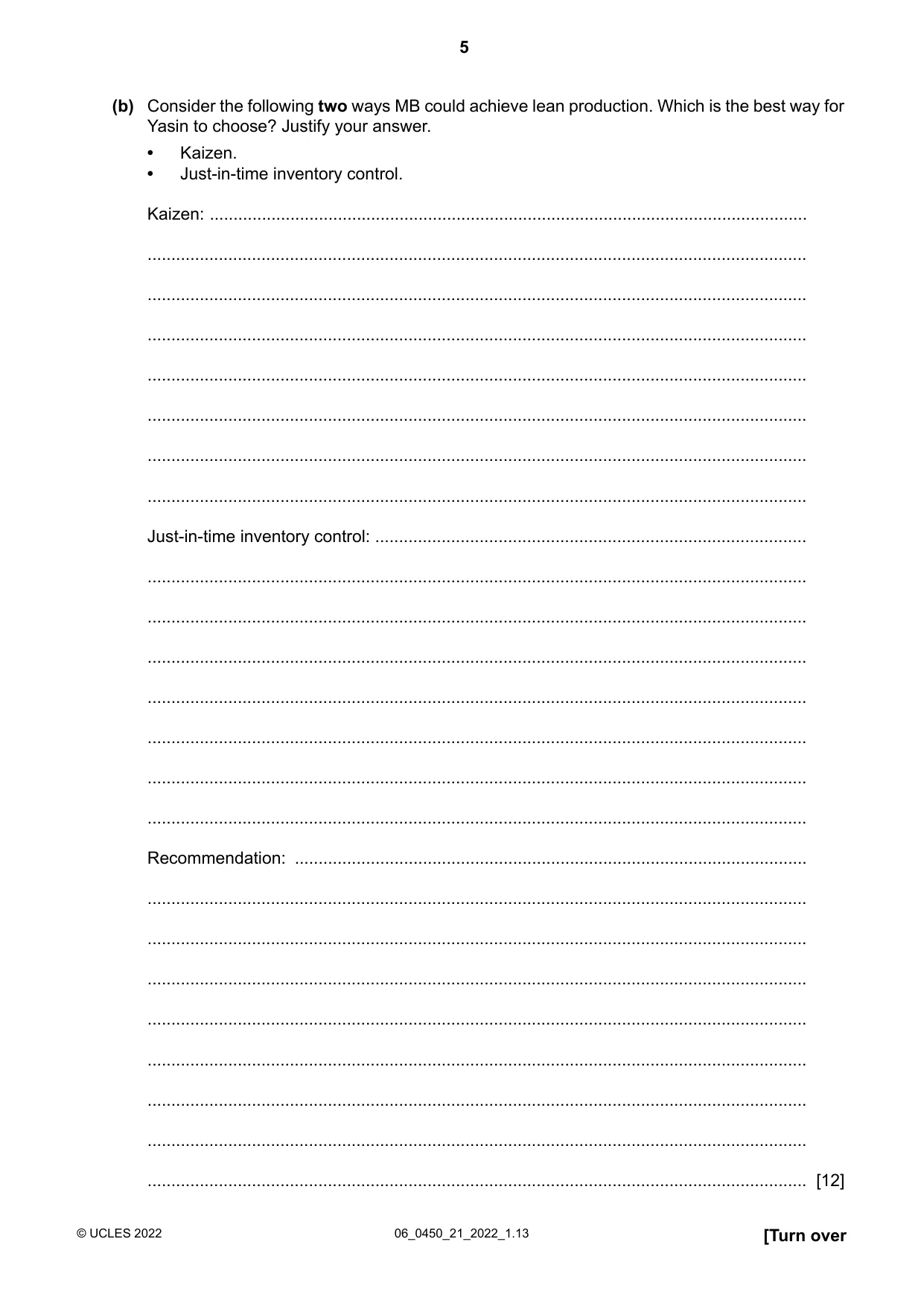 Cambridge IGCSE Business Studies 0450 2022 May/June Paper 2 · Variant 1 question paper, page 5 of 12