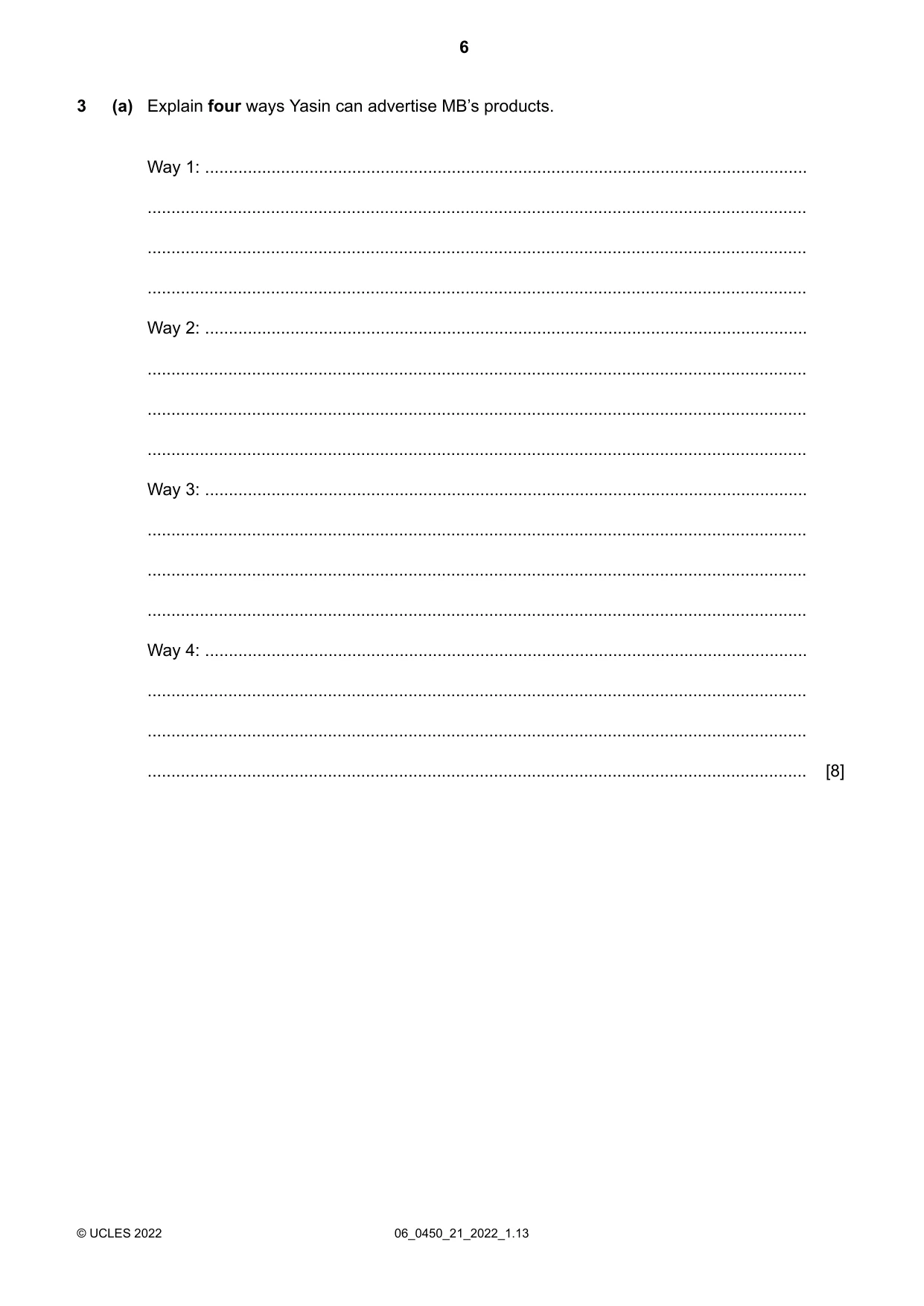 Cambridge IGCSE Business Studies 0450 2022 May/June Paper 2 · Variant 1 question paper, page 6 of 12