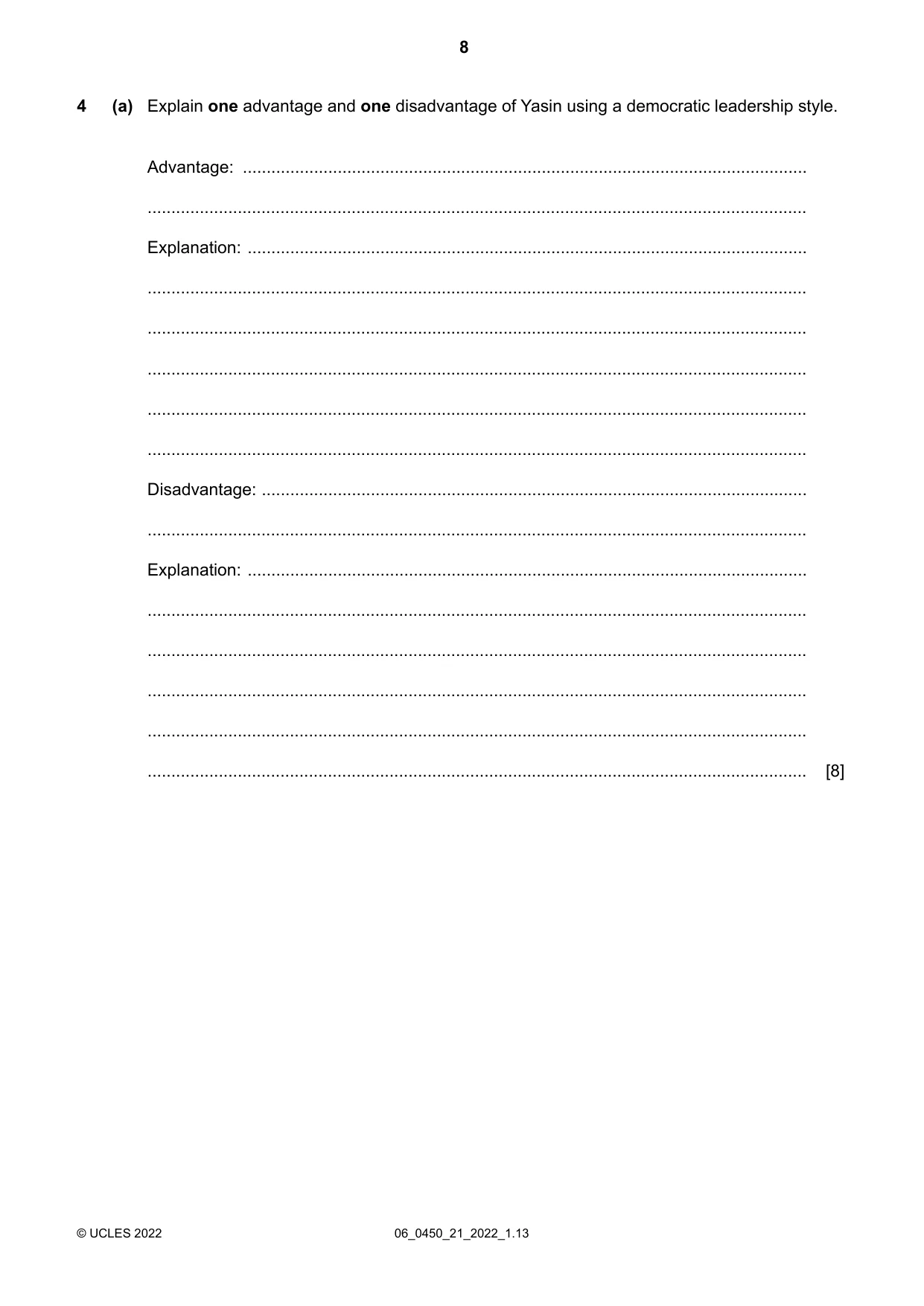 Cambridge IGCSE Business Studies 0450 2022 May/June Paper 2 · Variant 1 question paper, page 8 of 12