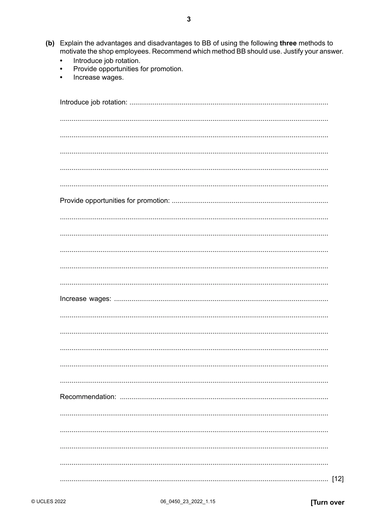 Cambridge IGCSE Business Studies 0450 2022 May/June Paper 2 · Variant 3 question paper, page 3 of 12