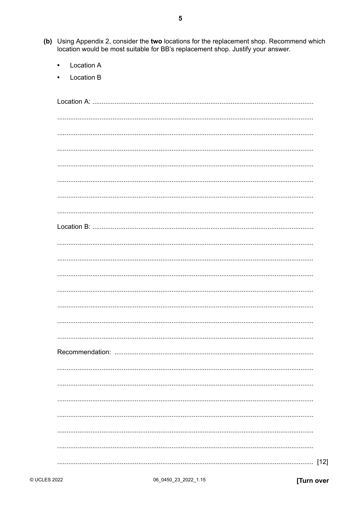 Cambridge IGCSE Business Studies 0450 2022 May/June Paper 2 · Variant 3 question paper, page 5 of 12