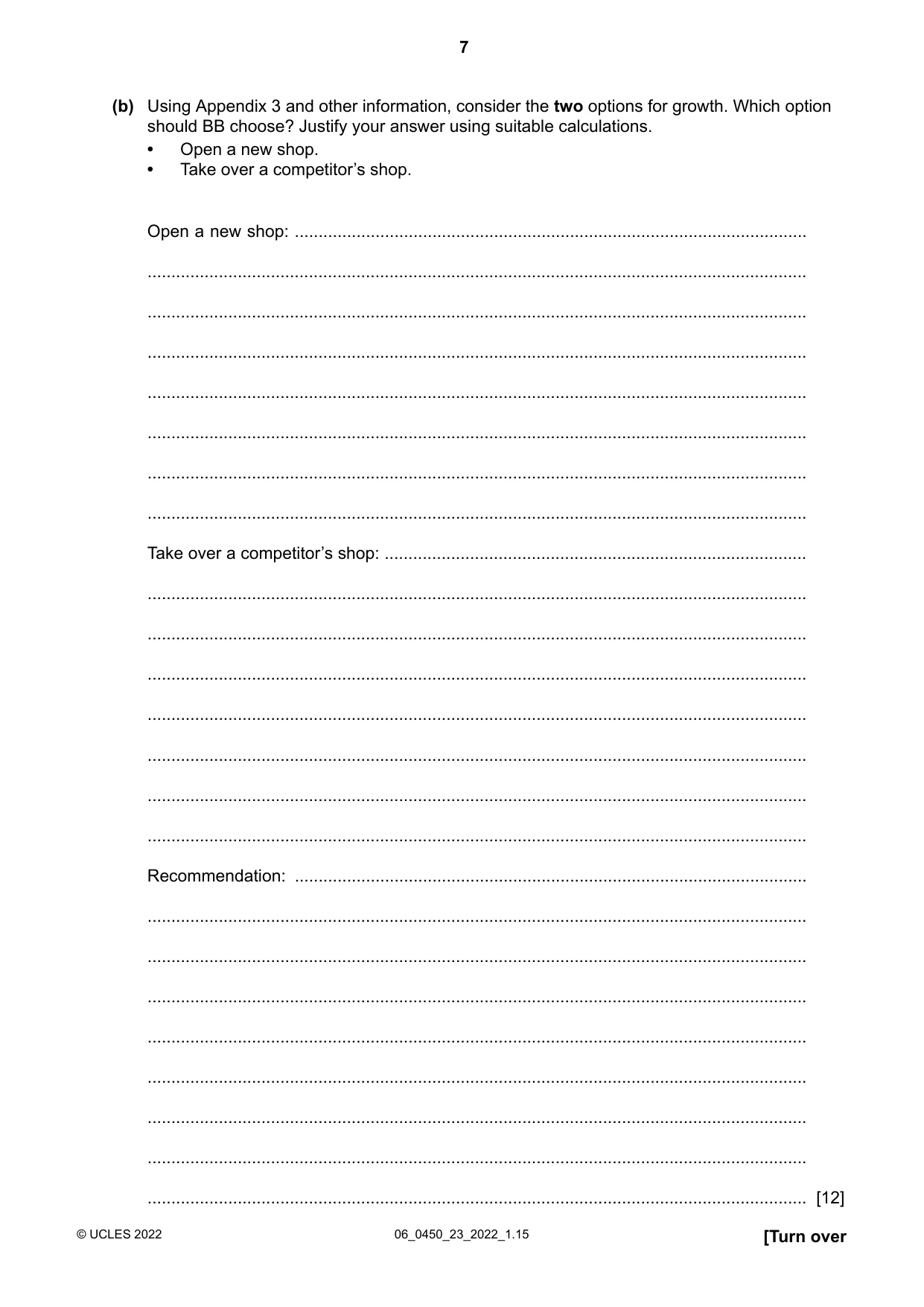 Cambridge IGCSE Business Studies 0450 2022 May/June Paper 2 · Variant 3 question paper, page 7 of 12