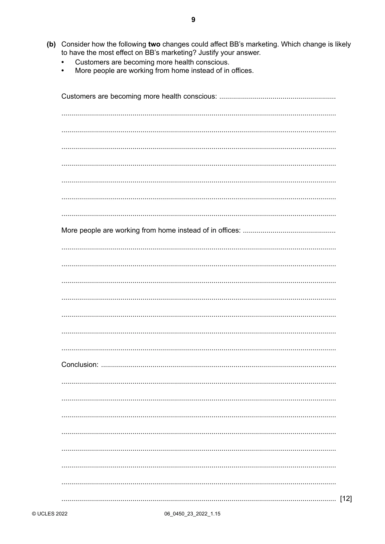 Cambridge IGCSE Business Studies 0450 2022 May/June Paper 2 · Variant 3 question paper, page 9 of 12