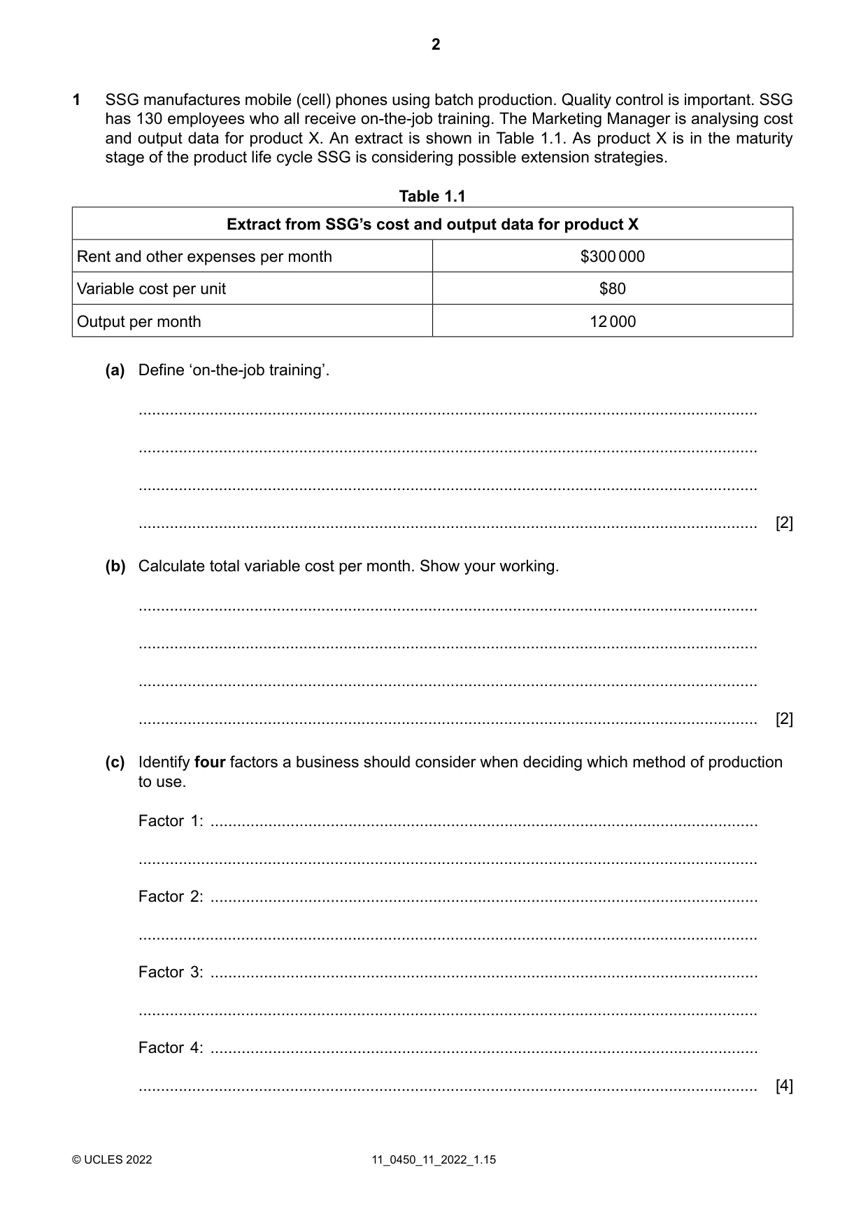 Cambridge IGCSE Business Studies 0450 2022 Oct/Nov Paper 1 · Variant 1 question paper, page 2 of 12