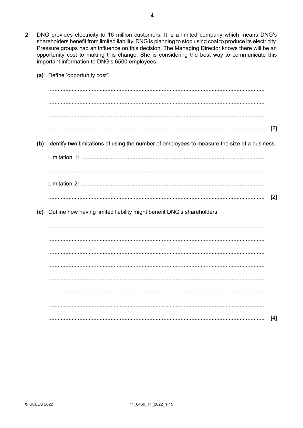Cambridge IGCSE Business Studies 0450 2022 Oct/Nov Paper 1 · Variant 1 question paper, page 4 of 12