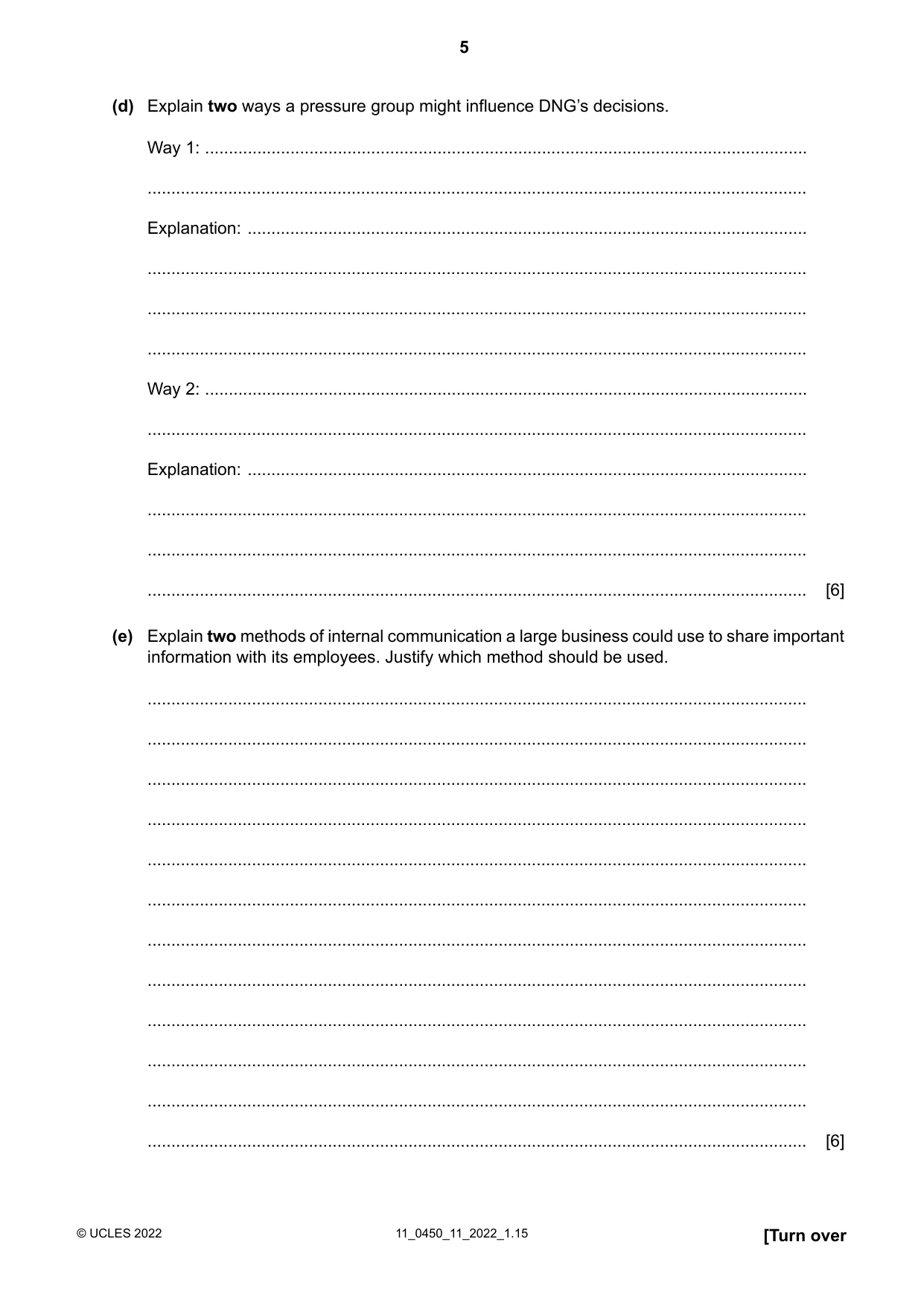 Cambridge IGCSE Business Studies 0450 2022 Oct/Nov Paper 1 · Variant 1 question paper, page 5 of 12
