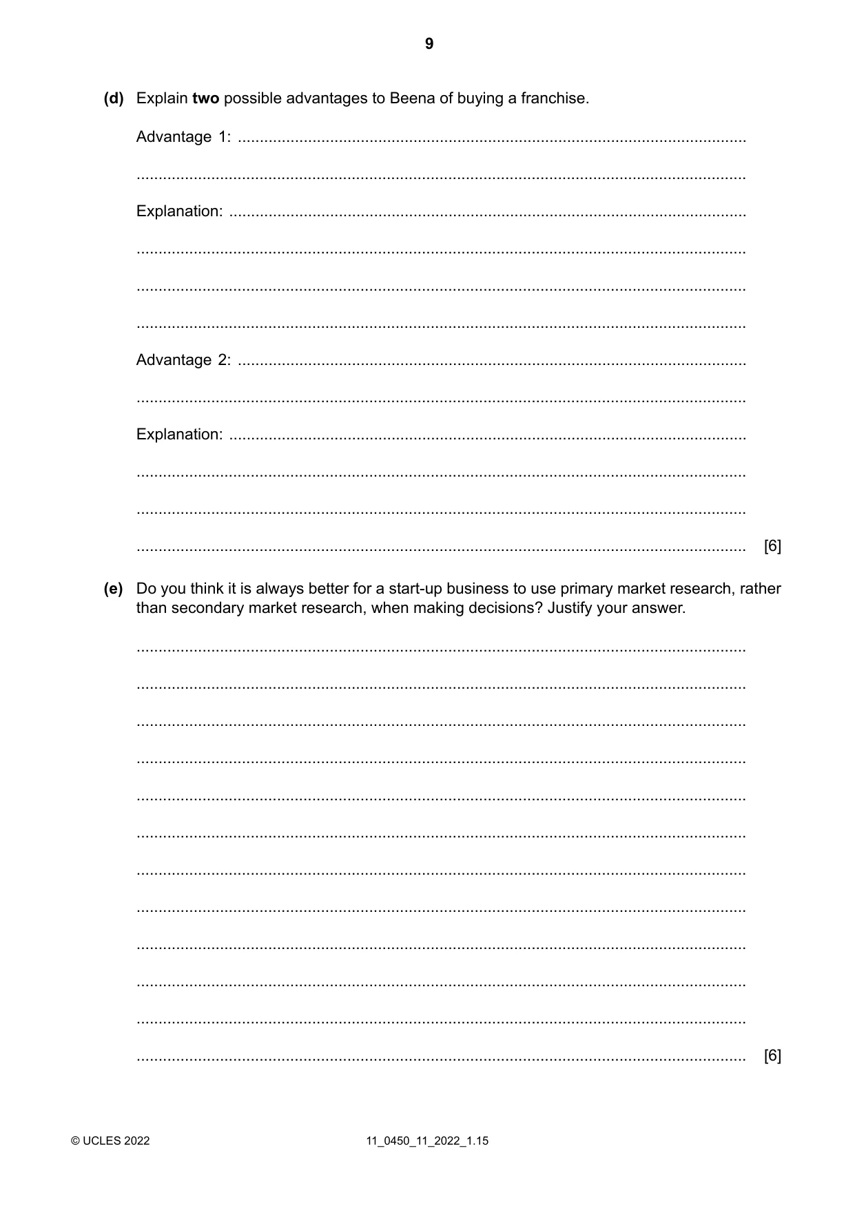 Cambridge IGCSE Business Studies 0450 2022 Oct/Nov Paper 1 · Variant 1 question paper, page 9 of 12