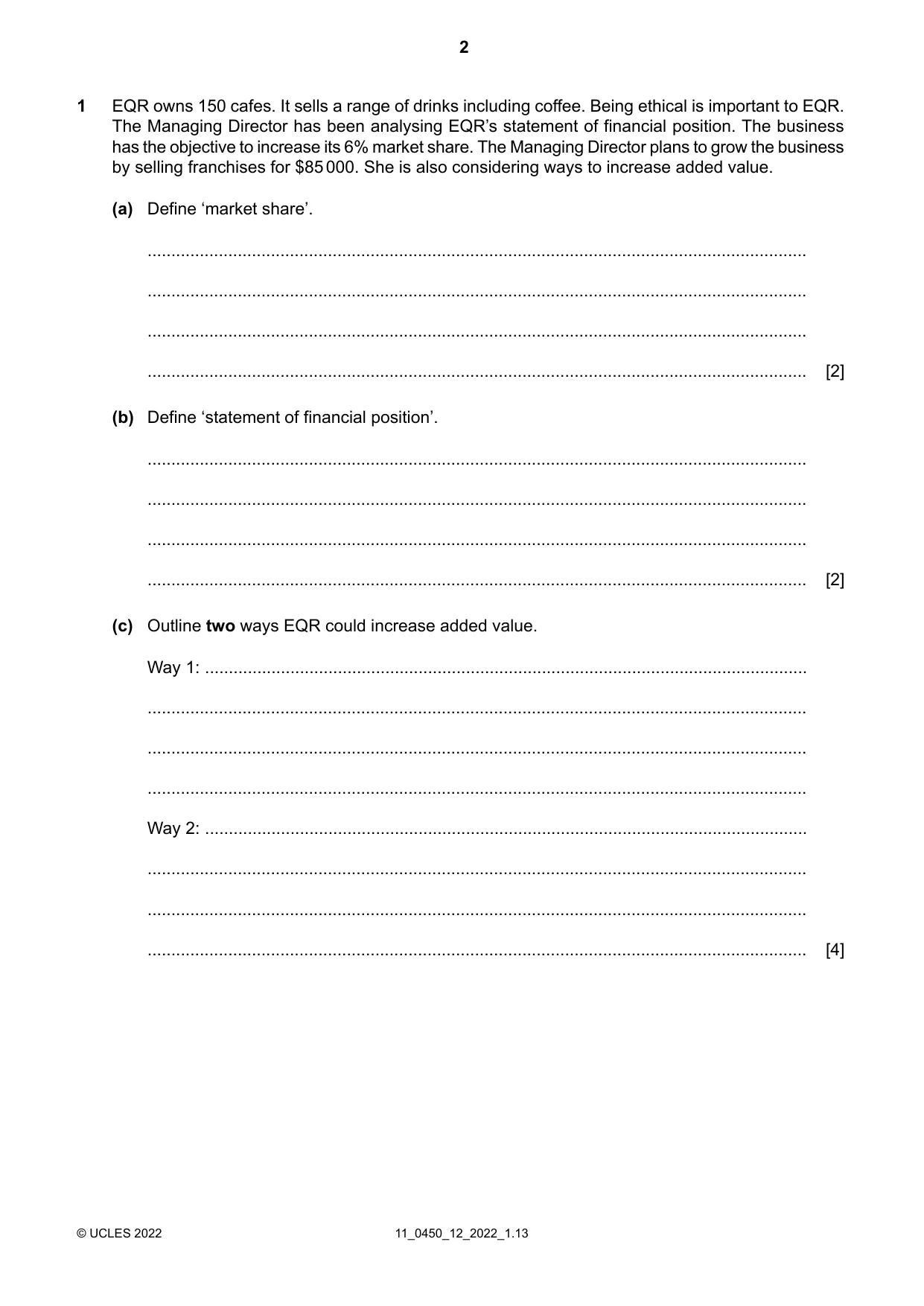 Cambridge IGCSE Business Studies 0450 2022 Oct/Nov Paper 1 · Variant 2 question paper, page 2 of 12