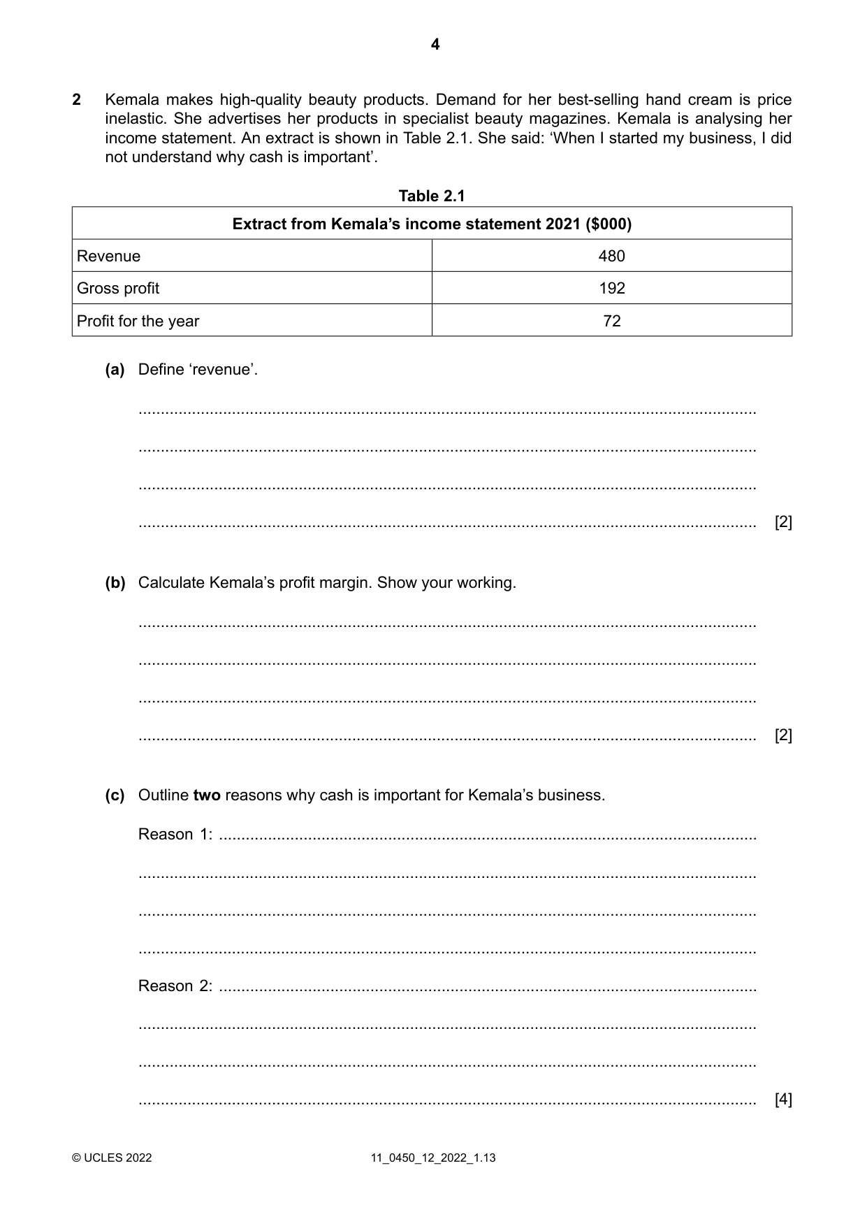 Cambridge IGCSE Business Studies 0450 2022 Oct/Nov Paper 1 · Variant 2 question paper, page 4 of 12