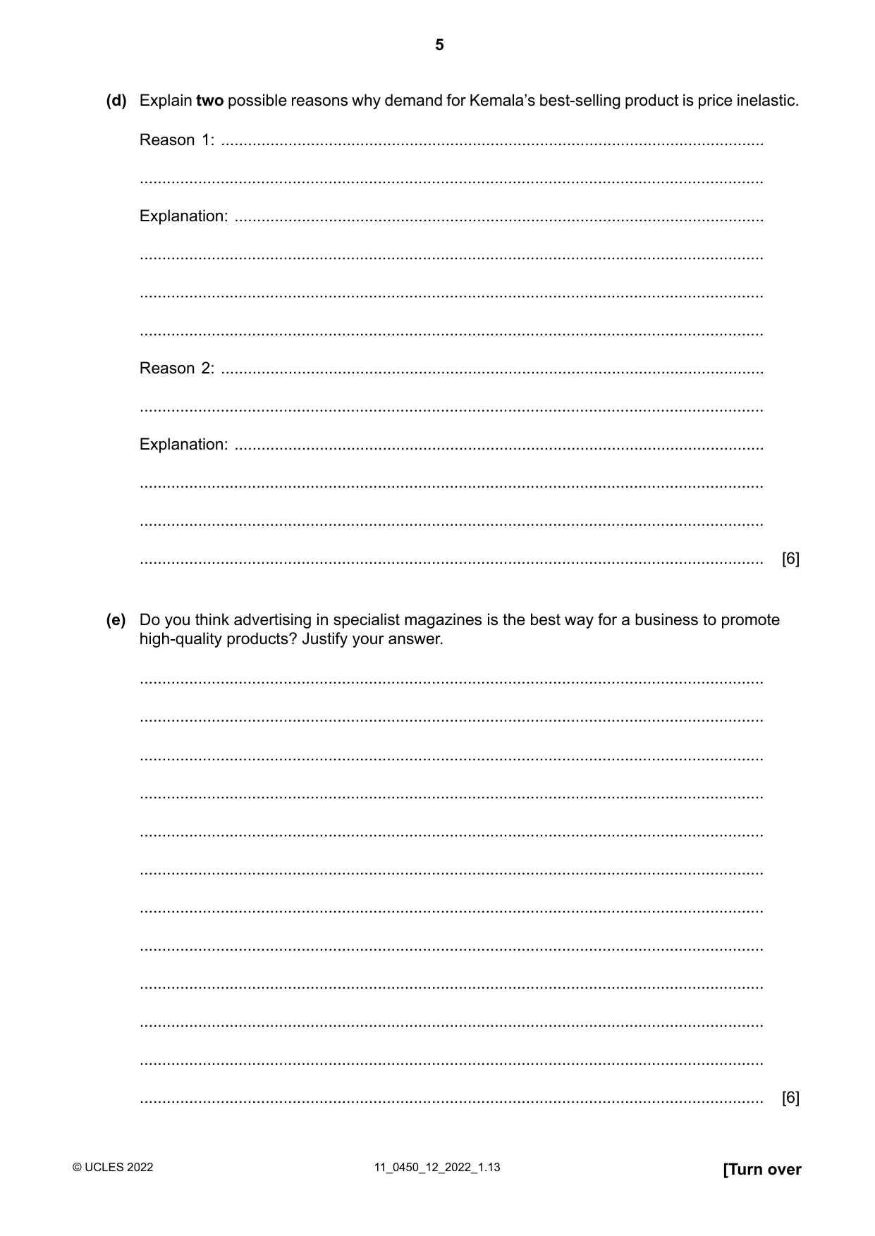 Cambridge IGCSE Business Studies 0450 2022 Oct/Nov Paper 1 · Variant 2 question paper, page 5 of 12