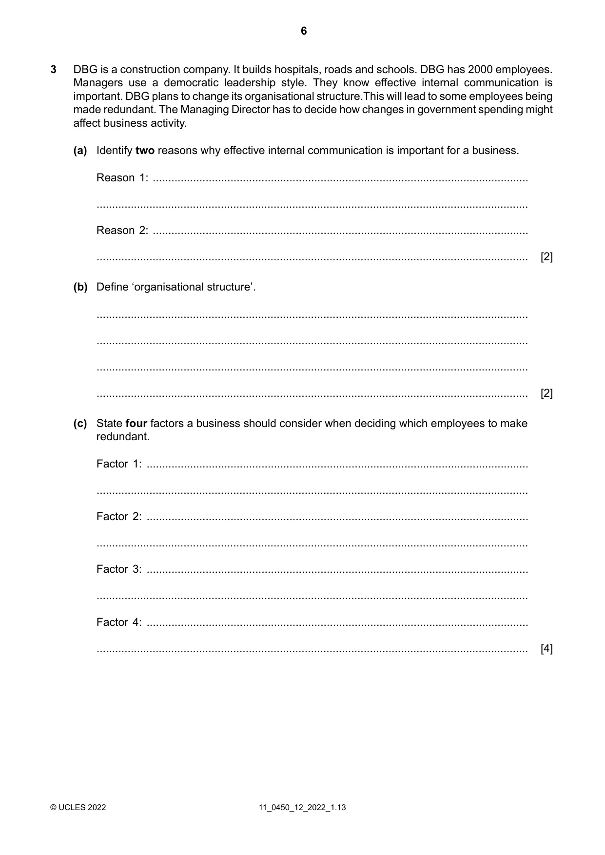 Cambridge IGCSE Business Studies 0450 2022 Oct/Nov Paper 1 · Variant 2 question paper, page 6 of 12