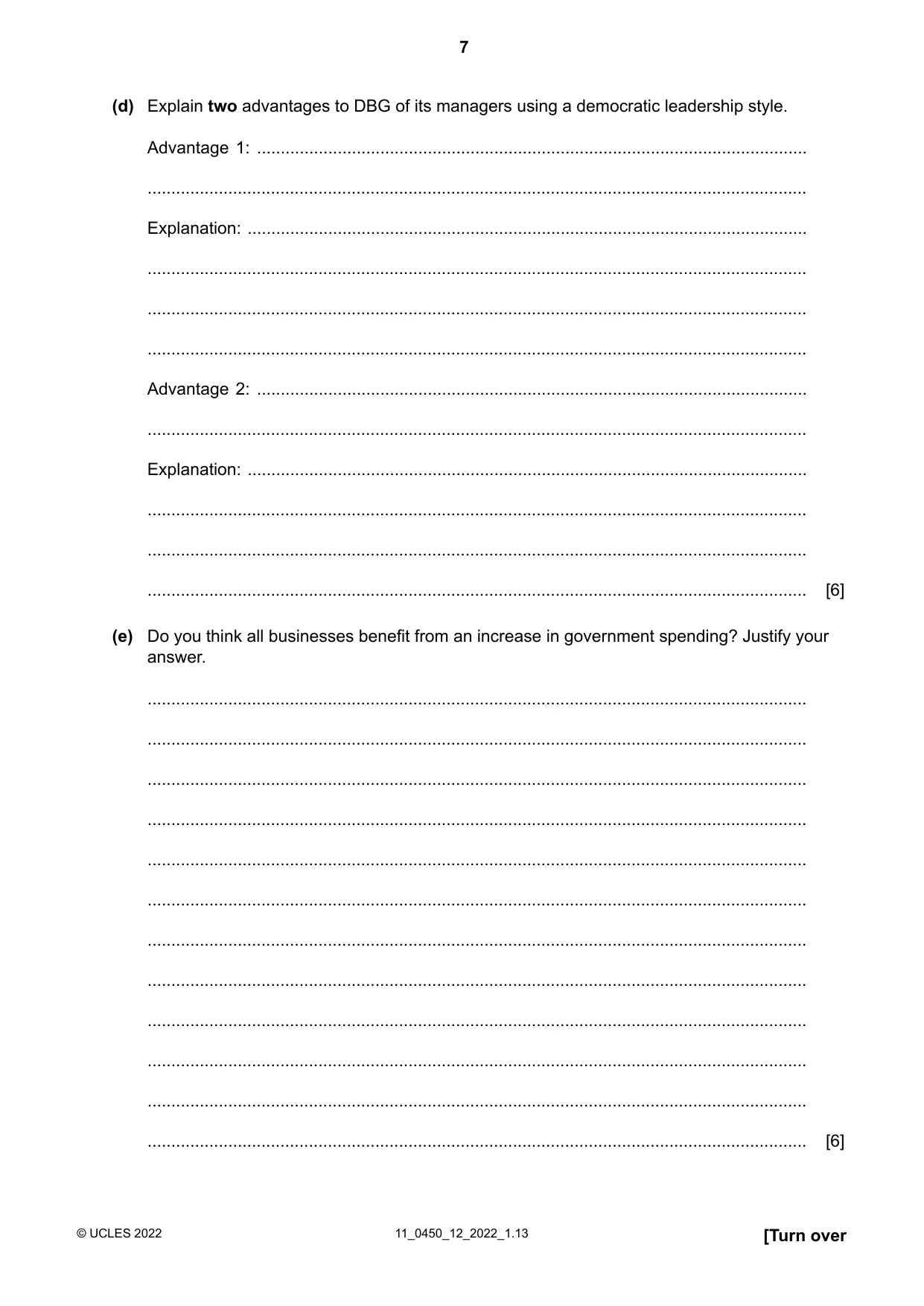 Cambridge IGCSE Business Studies 0450 2022 Oct/Nov Paper 1 · Variant 2 question paper, page 7 of 12