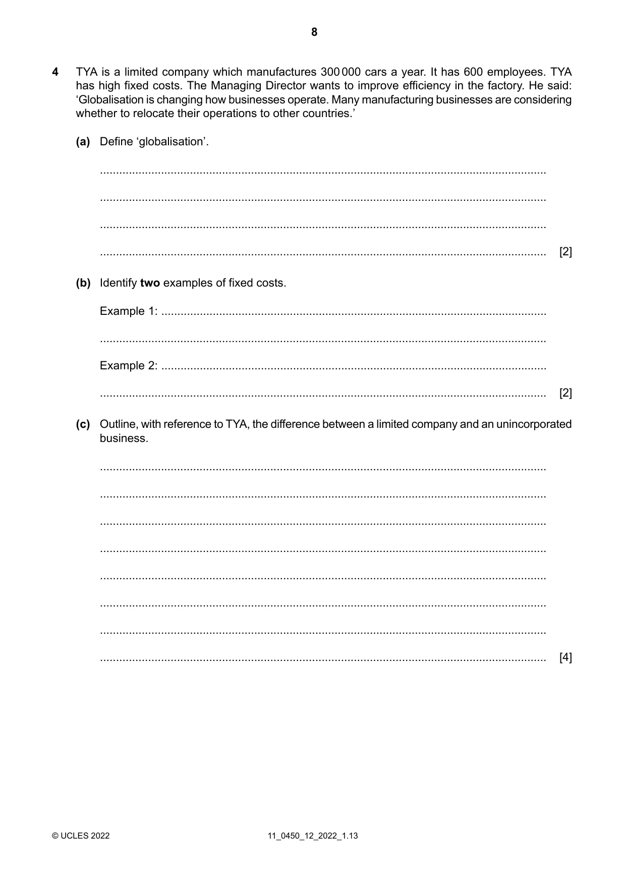 Cambridge IGCSE Business Studies 0450 2022 Oct/Nov Paper 1 · Variant 2 question paper, page 8 of 12