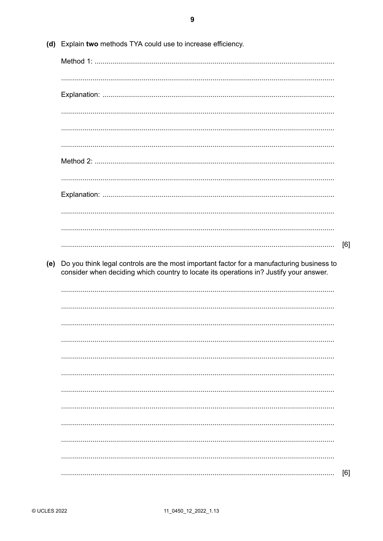 Cambridge IGCSE Business Studies 0450 2022 Oct/Nov Paper 1 · Variant 2 question paper, page 9 of 12