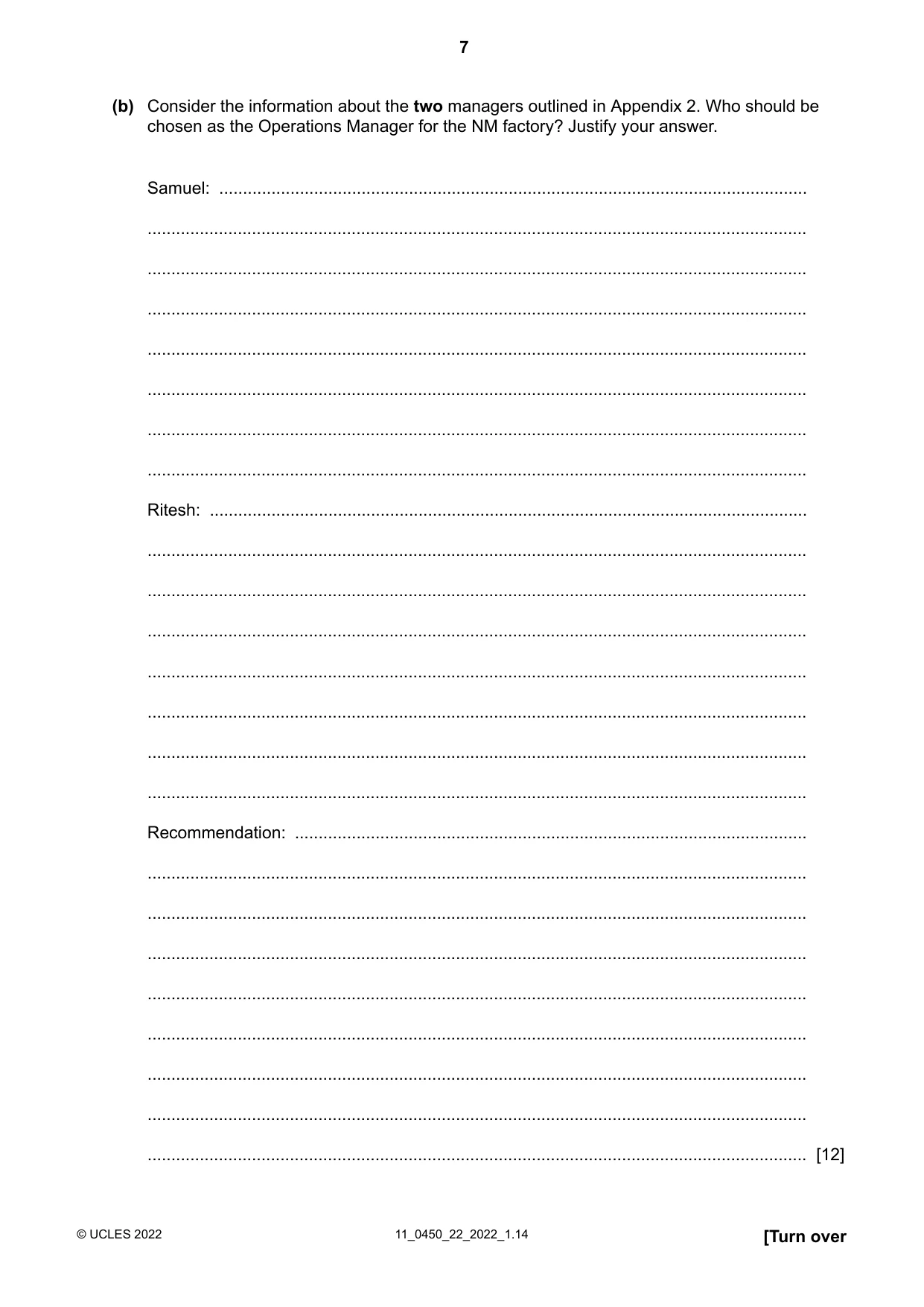 Cambridge IGCSE Business Studies 0450 2022 Oct/Nov Paper 2 · Variant 2 question paper, page 7 of 12