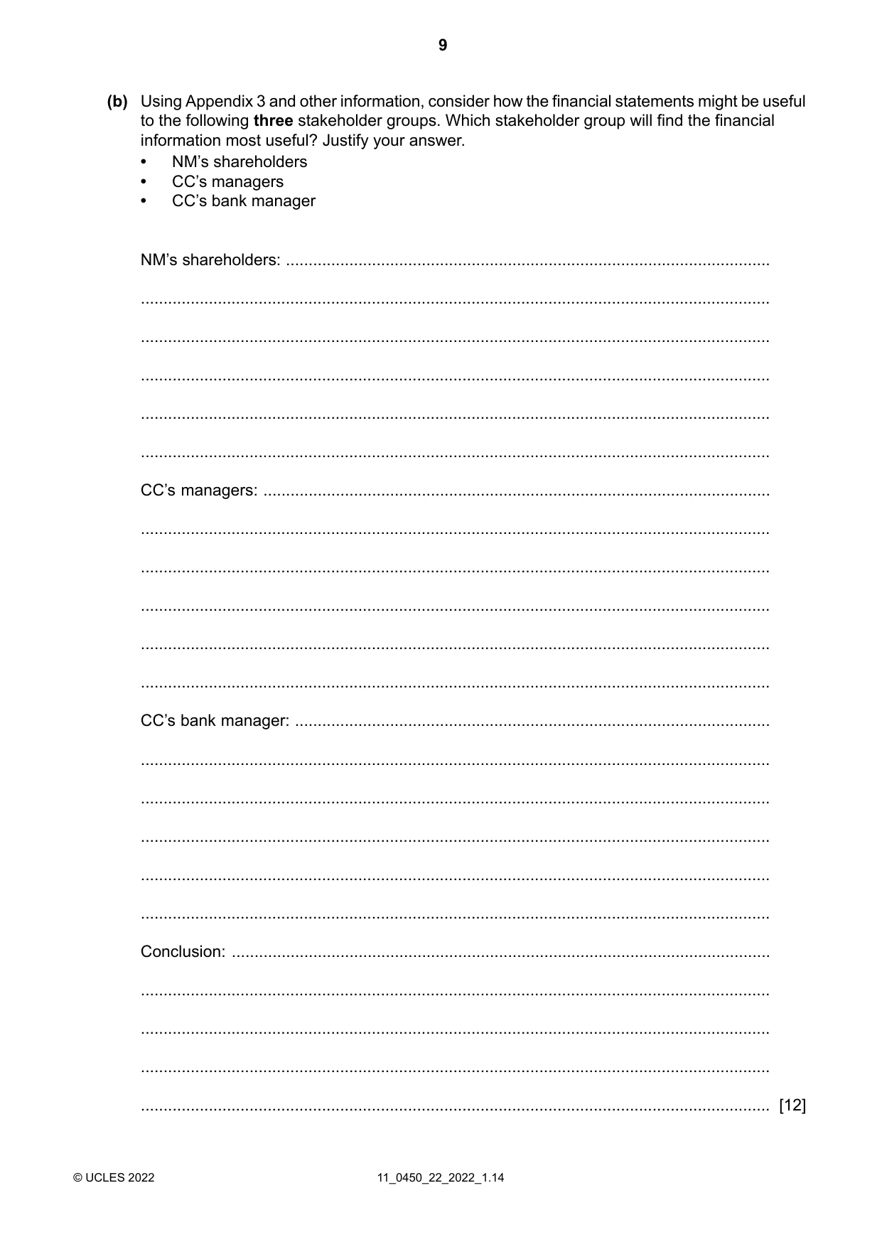 Cambridge IGCSE Business Studies 0450 2022 Oct/Nov Paper 2 · Variant 2 question paper, page 9 of 12