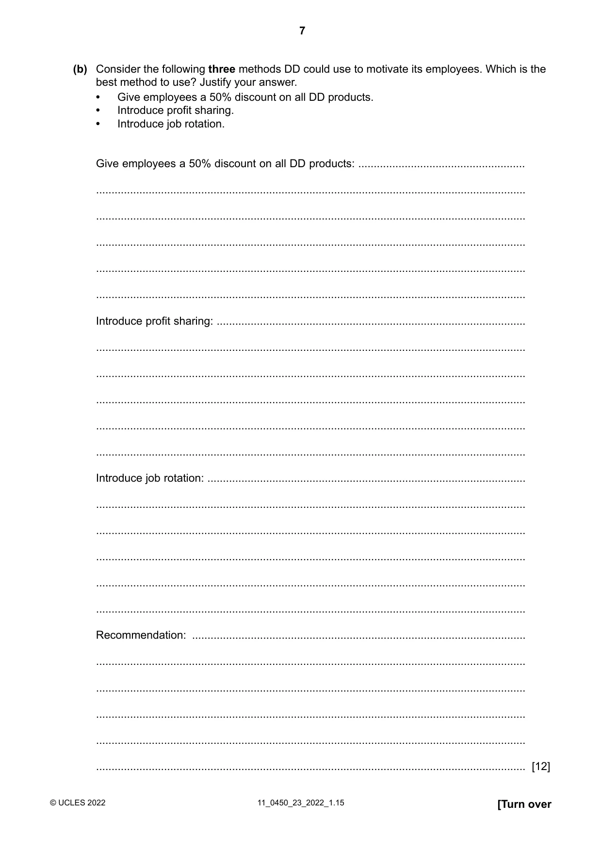 Cambridge IGCSE Business Studies 0450 2022 Oct/Nov Paper 2 · Variant 3 question paper, page 7 of 12