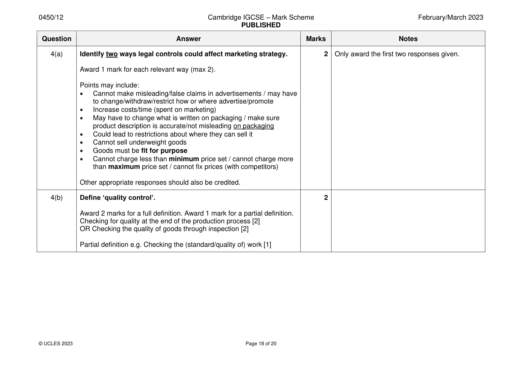 Mark scheme, page 18 of 20