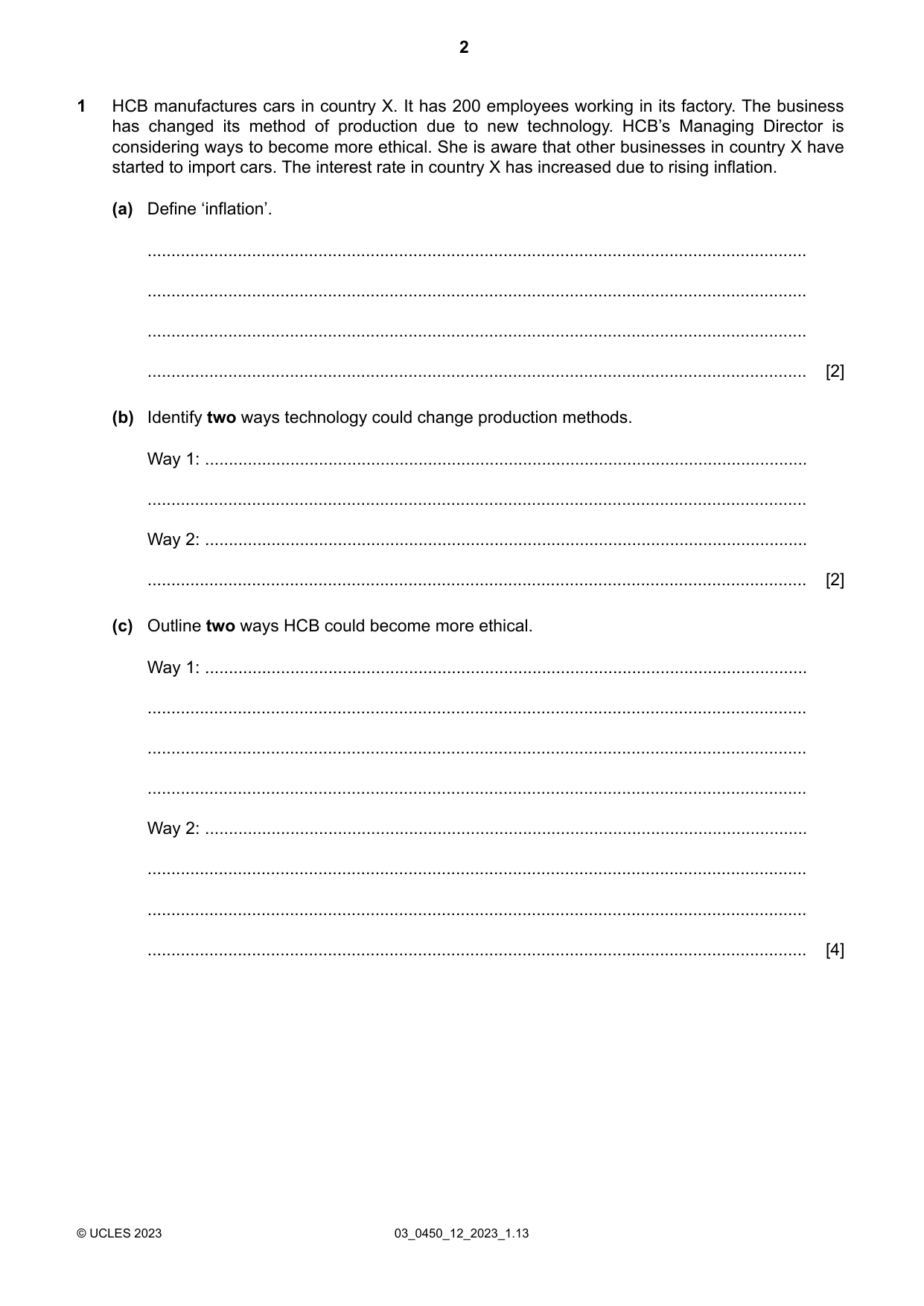 Cambridge IGCSE Business Studies 0450 2023 Feb/March Paper 1 · Variant 2 question paper, page 2 of 12