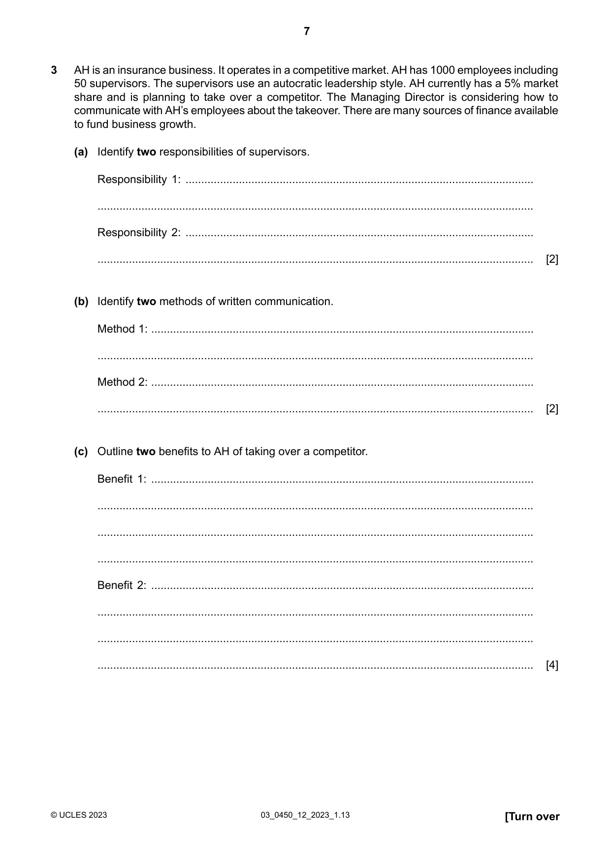 Cambridge IGCSE Business Studies 0450 2023 Feb/March Paper 1 · Variant 2 question paper, page 7 of 12