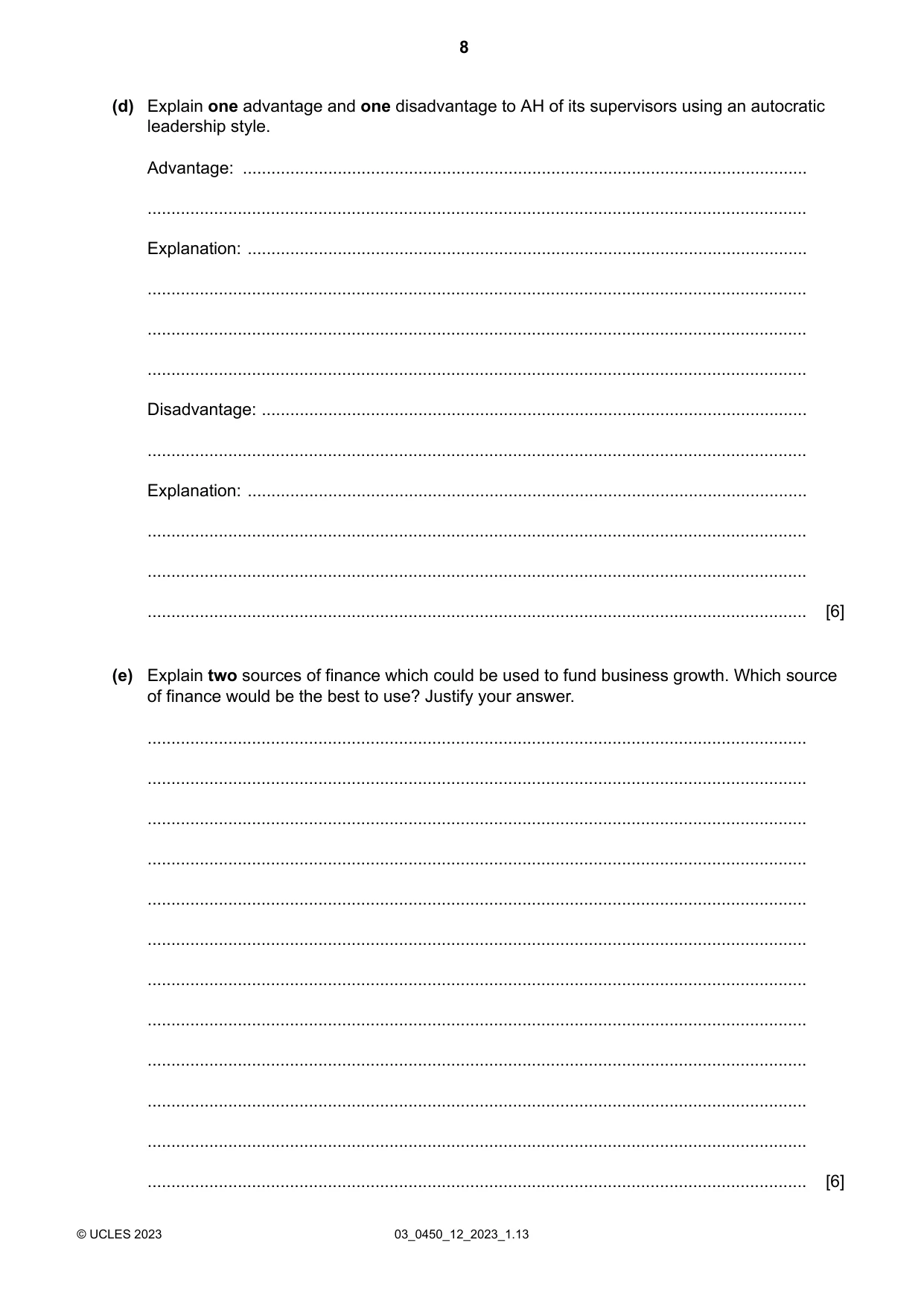 Cambridge IGCSE Business Studies 0450 2023 Feb/March Paper 1 · Variant 2 question paper, page 8 of 12