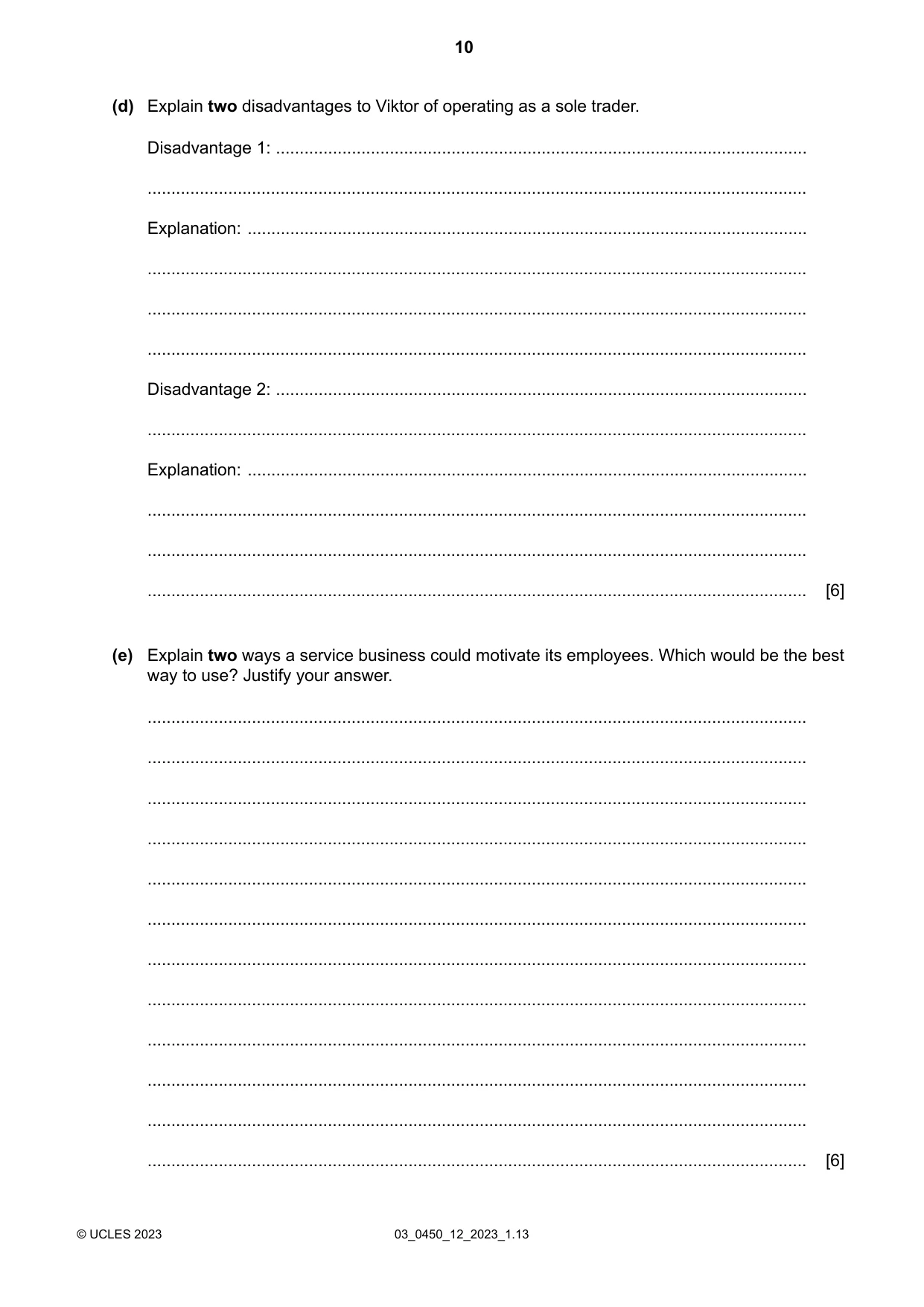 Cambridge IGCSE Business Studies 0450 2023 Feb/March Paper 1 · Variant 2 question paper, page 10 of 12