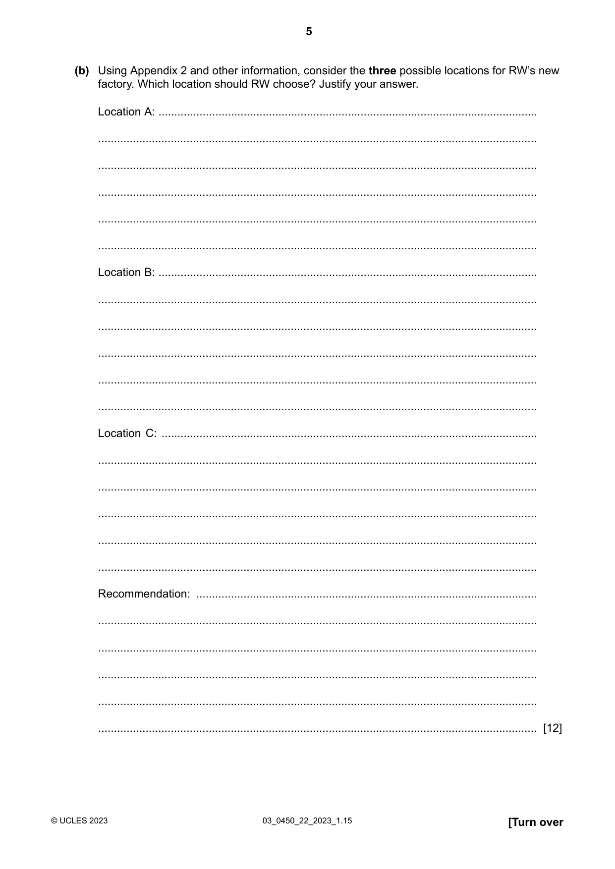 Cambridge IGCSE Business Studies 0450 2023 Feb/March Paper 2 · Variant 2 question paper, page 5 of 12