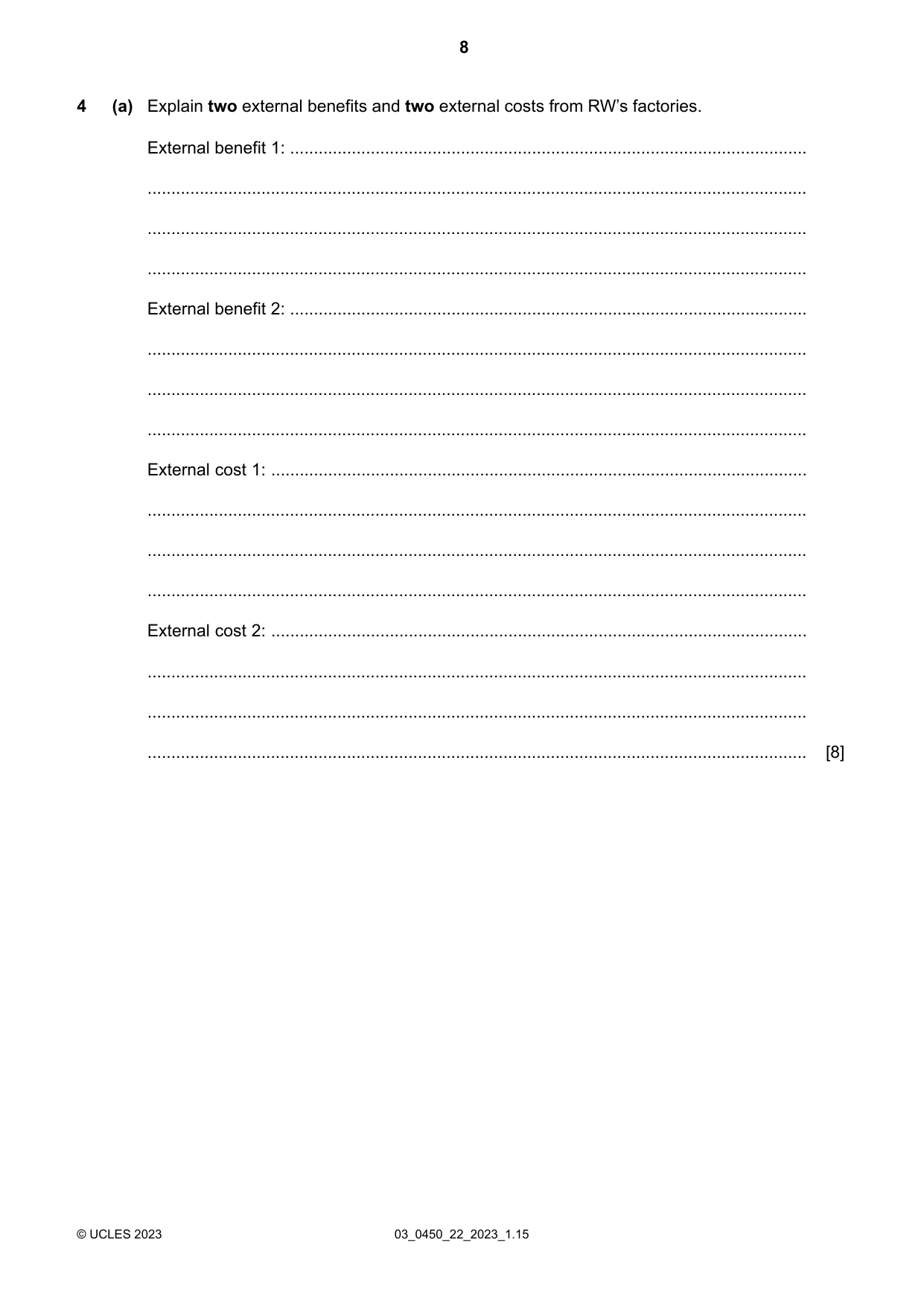 Cambridge IGCSE Business Studies 0450 2023 Feb/March Paper 2 · Variant 2 question paper, page 8 of 12