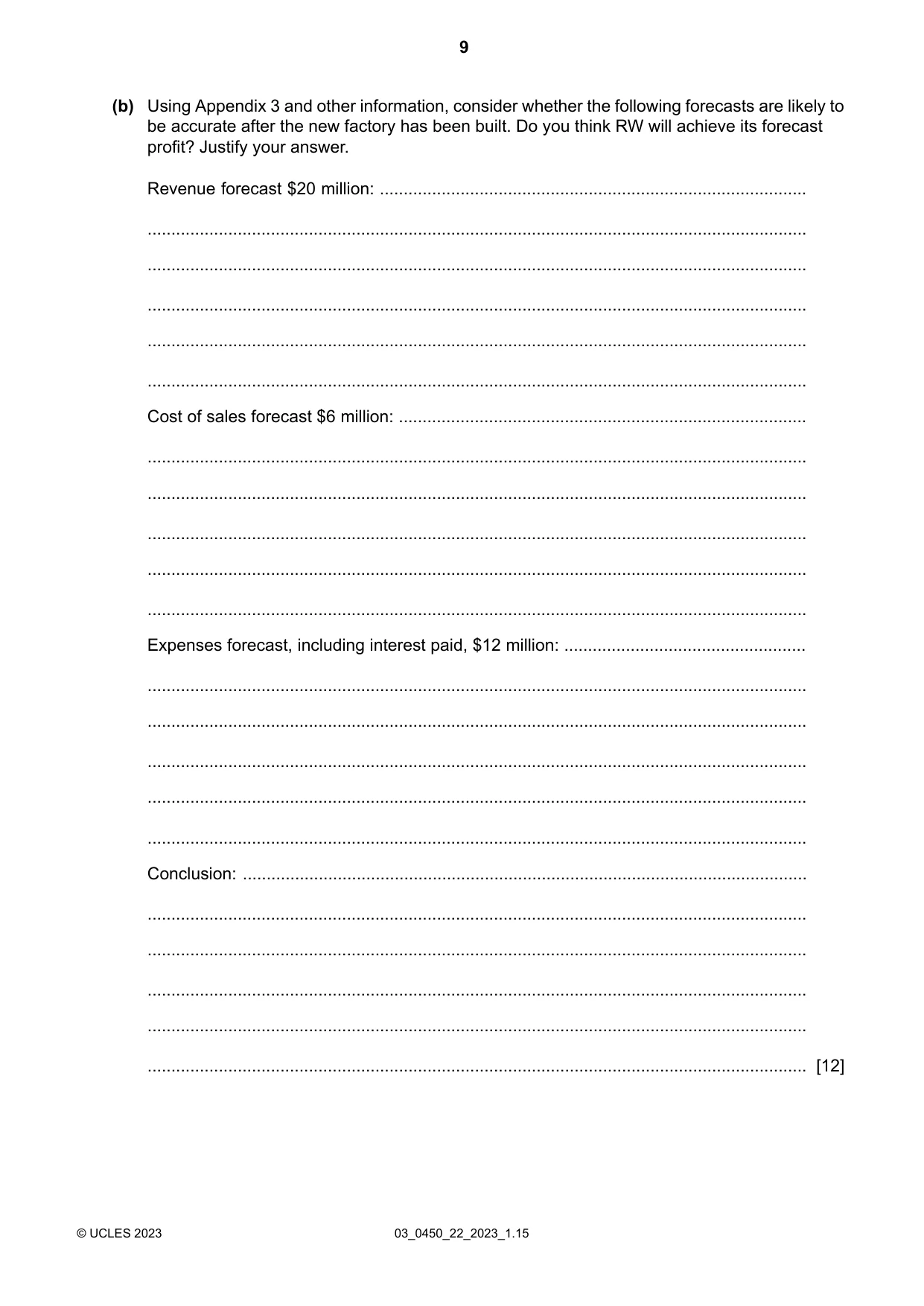 Cambridge IGCSE Business Studies 0450 2023 Feb/March Paper 2 · Variant 2 question paper, page 9 of 12