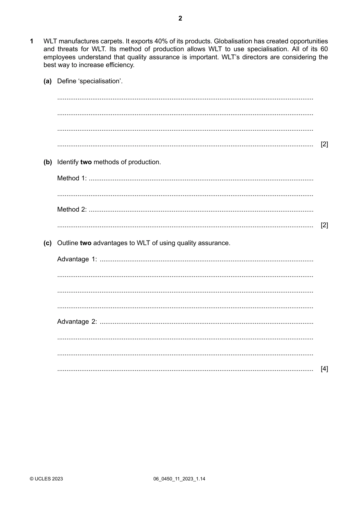 Cambridge IGCSE Business Studies 0450 2023 May/June Paper 1 · Variant 1 question paper, page 2 of 12