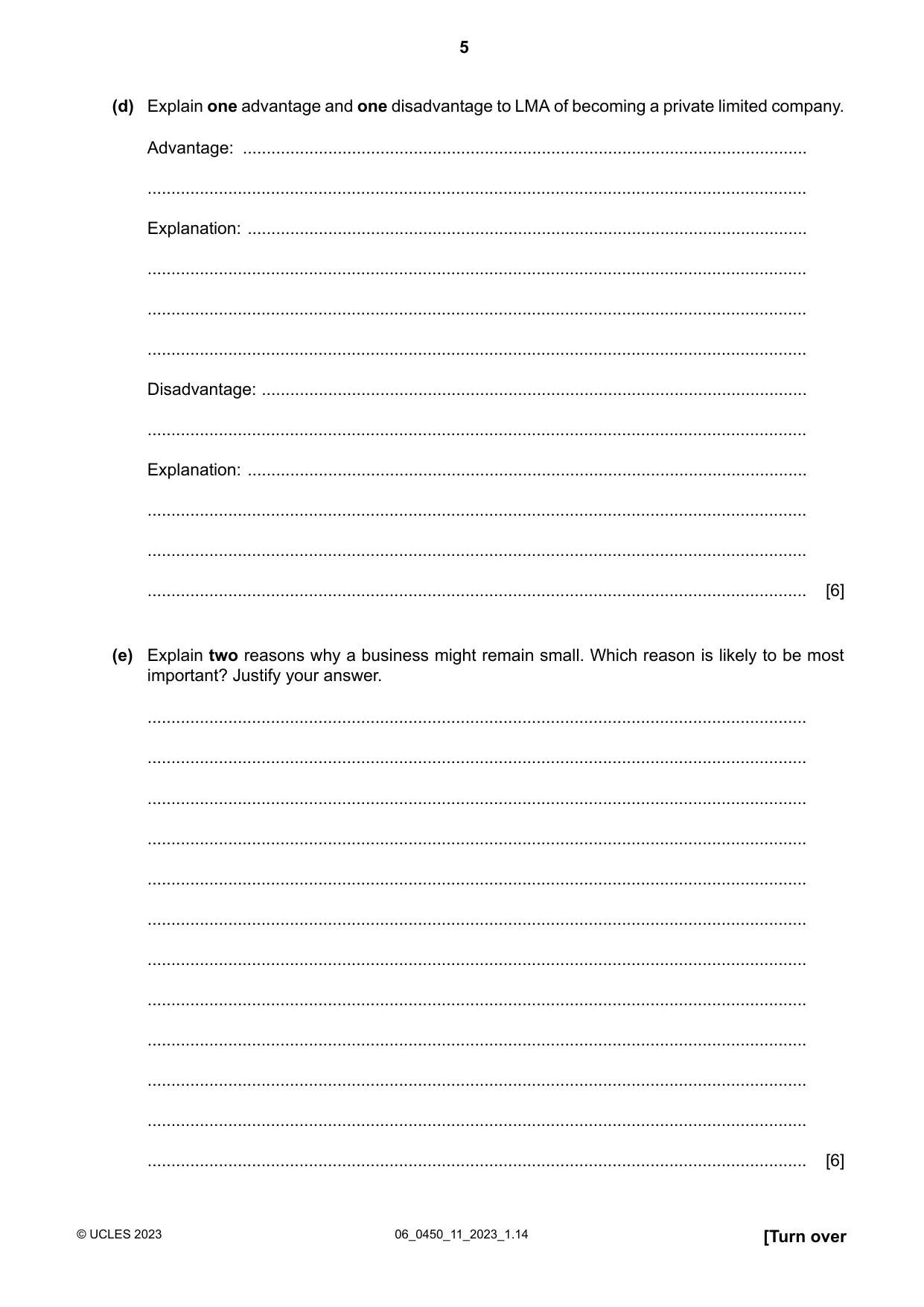 Cambridge IGCSE Business Studies 0450 2023 May/June Paper 1 · Variant 1 question paper, page 5 of 12