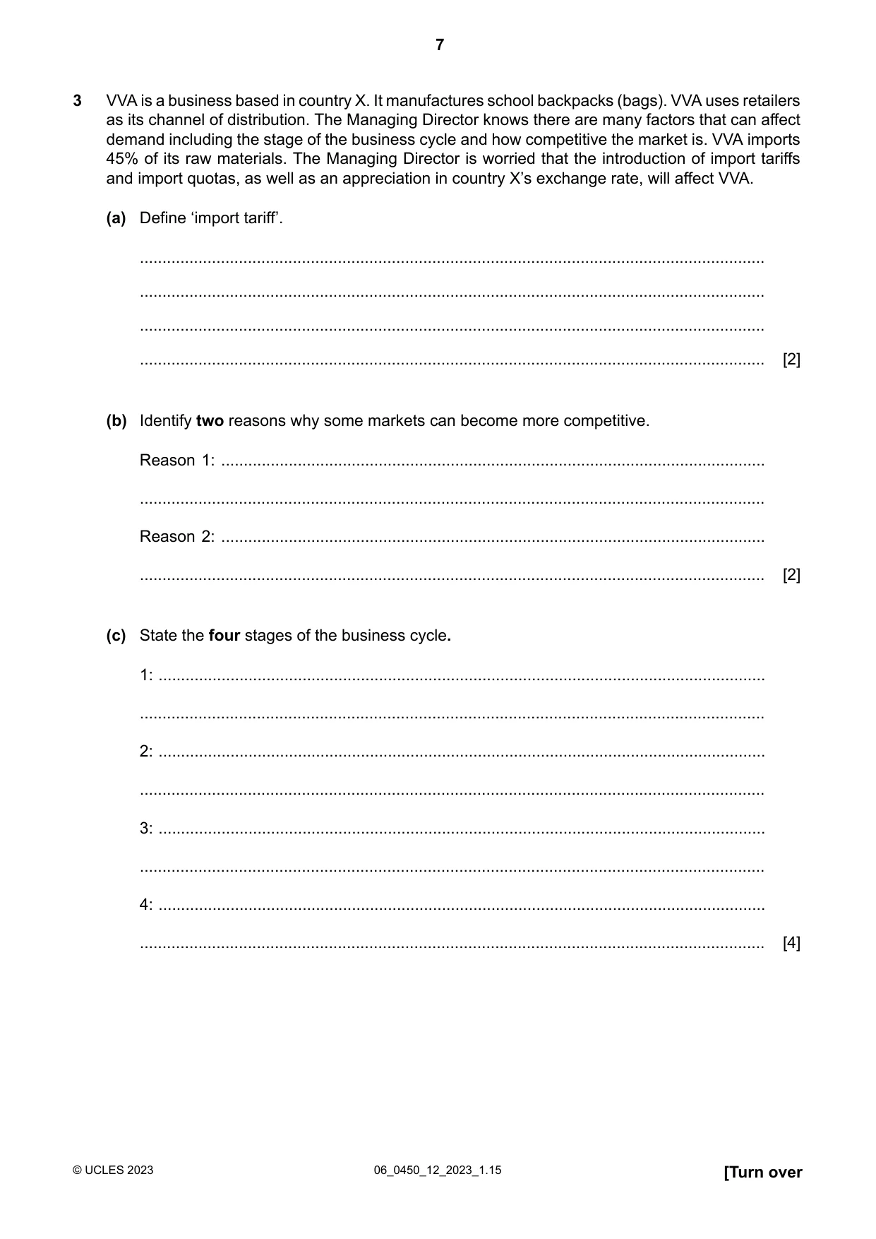 Cambridge IGCSE Business Studies 0450 2023 May/June Paper 1 · Variant 2 question paper, page 7 of 12