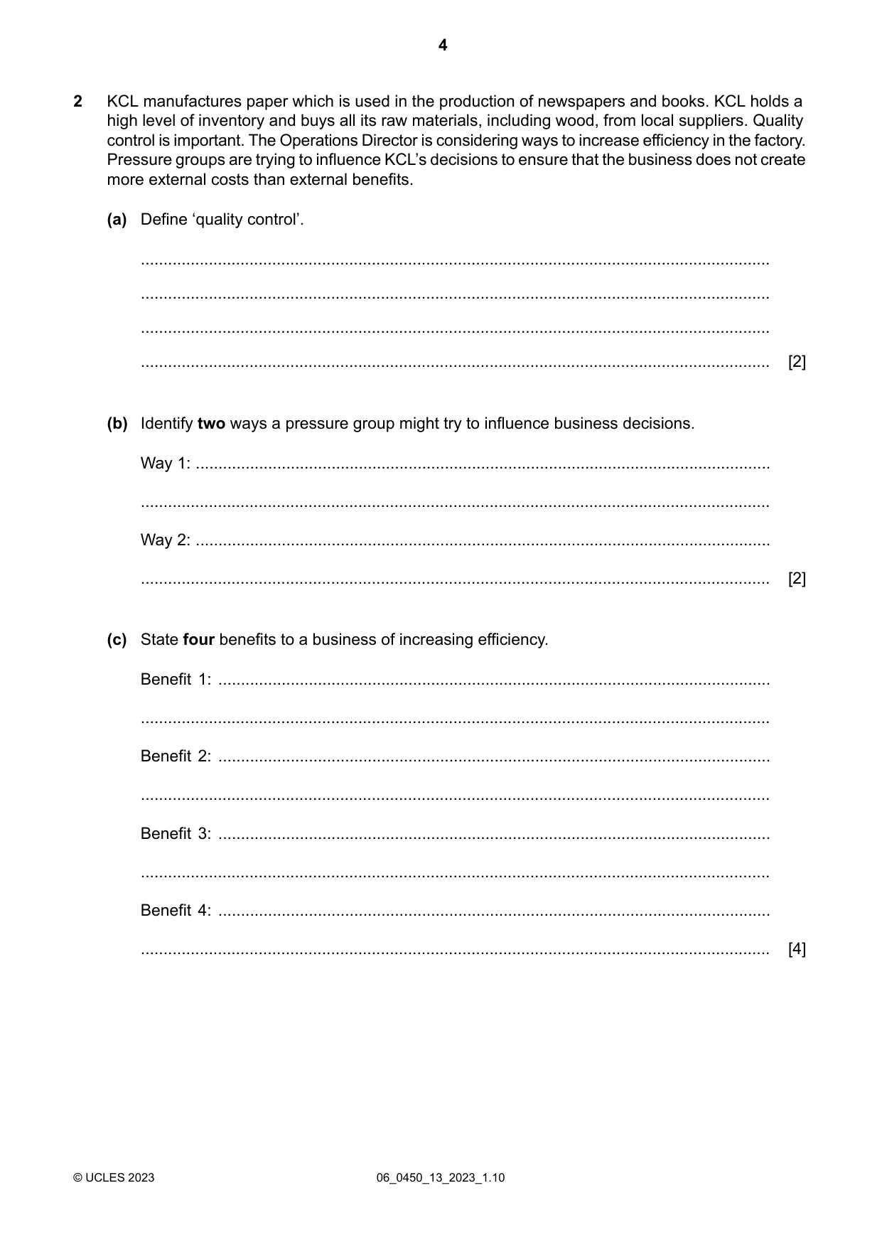 Cambridge IGCSE Business Studies 0450 2023 May/June Paper 1 · Variant 3 question paper, page 4 of 12