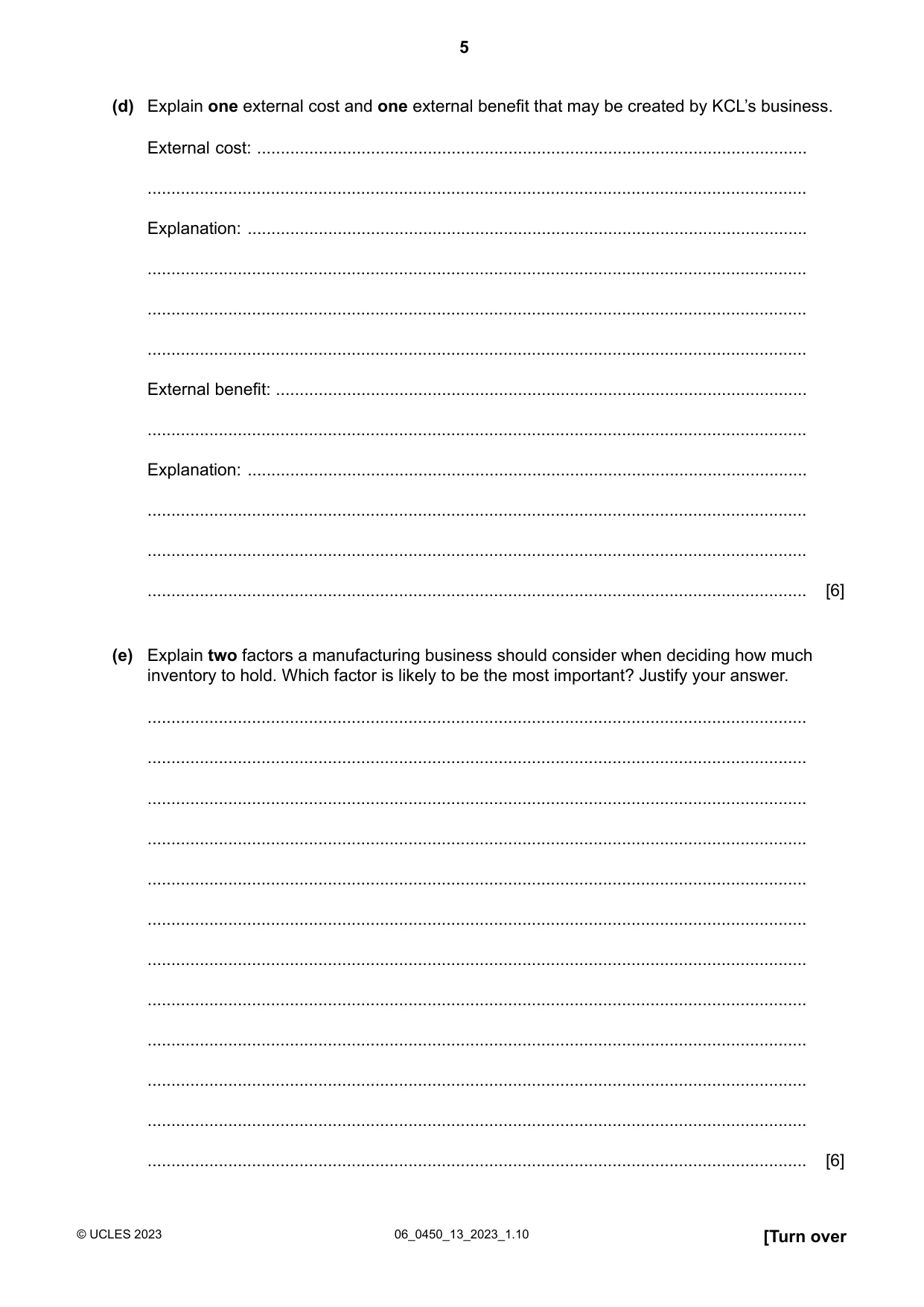 Cambridge IGCSE Business Studies 0450 2023 May/June Paper 1 · Variant 3 question paper, page 5 of 12