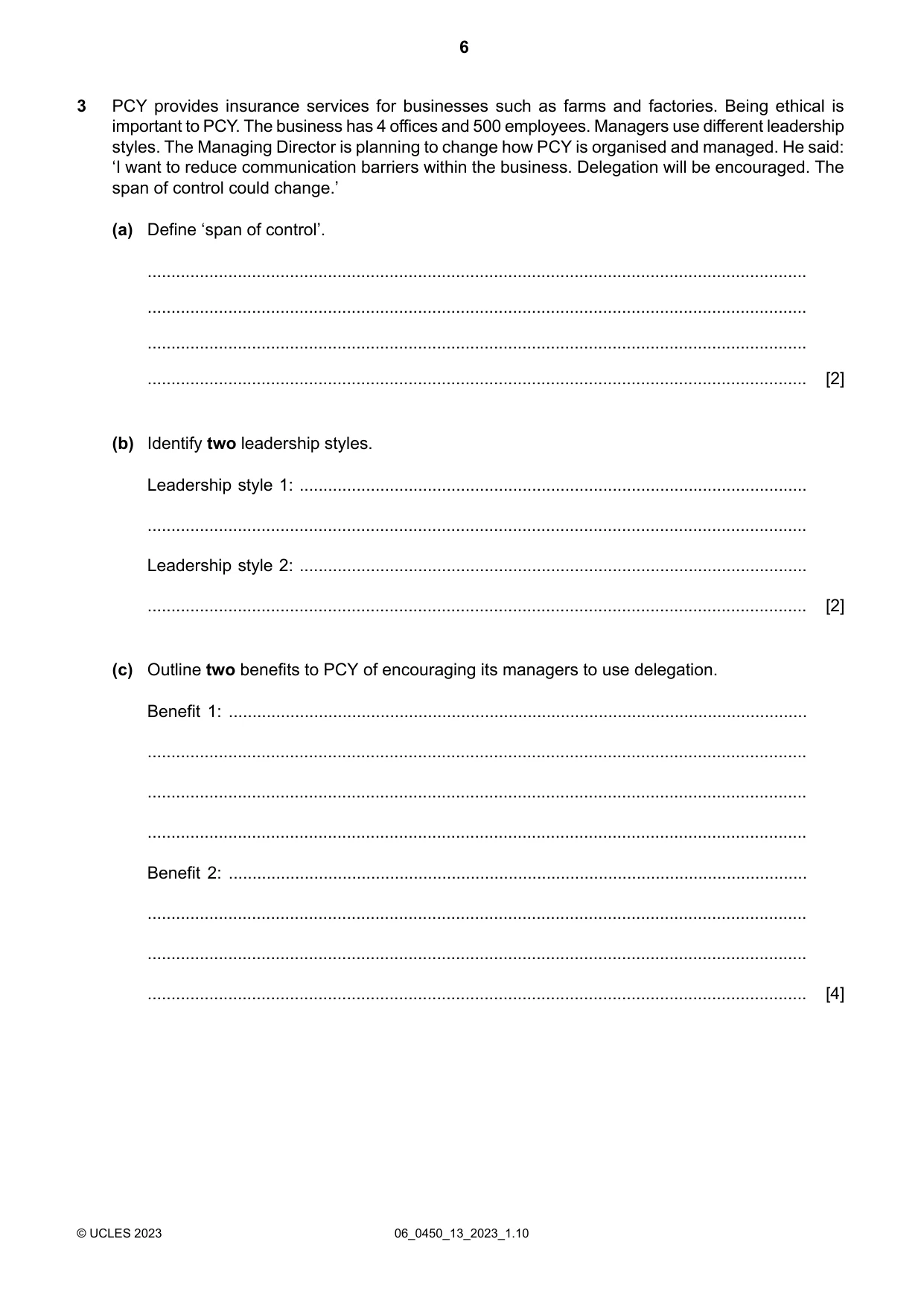 Cambridge IGCSE Business Studies 0450 2023 May/June Paper 1 · Variant 3 question paper, page 6 of 12