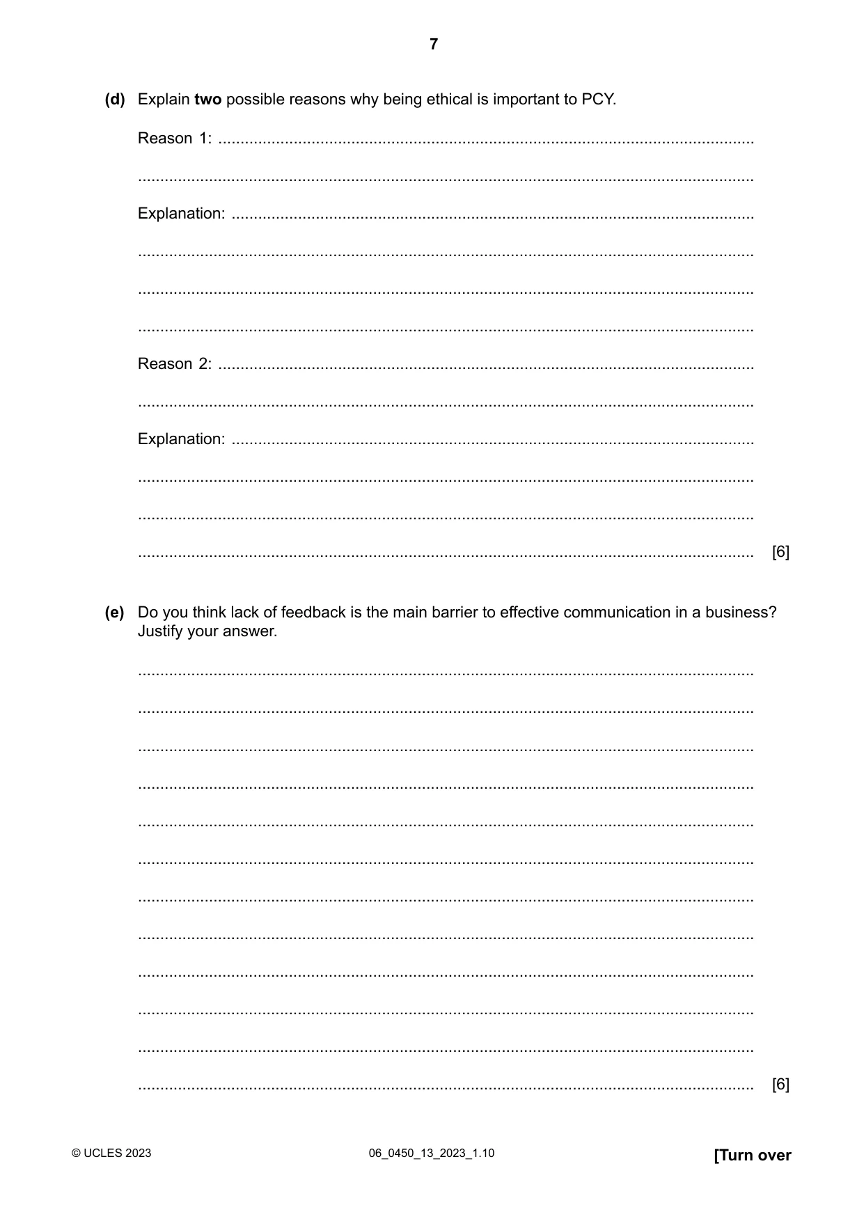 Cambridge IGCSE Business Studies 0450 2023 May/June Paper 1 · Variant 3 question paper, page 7 of 12