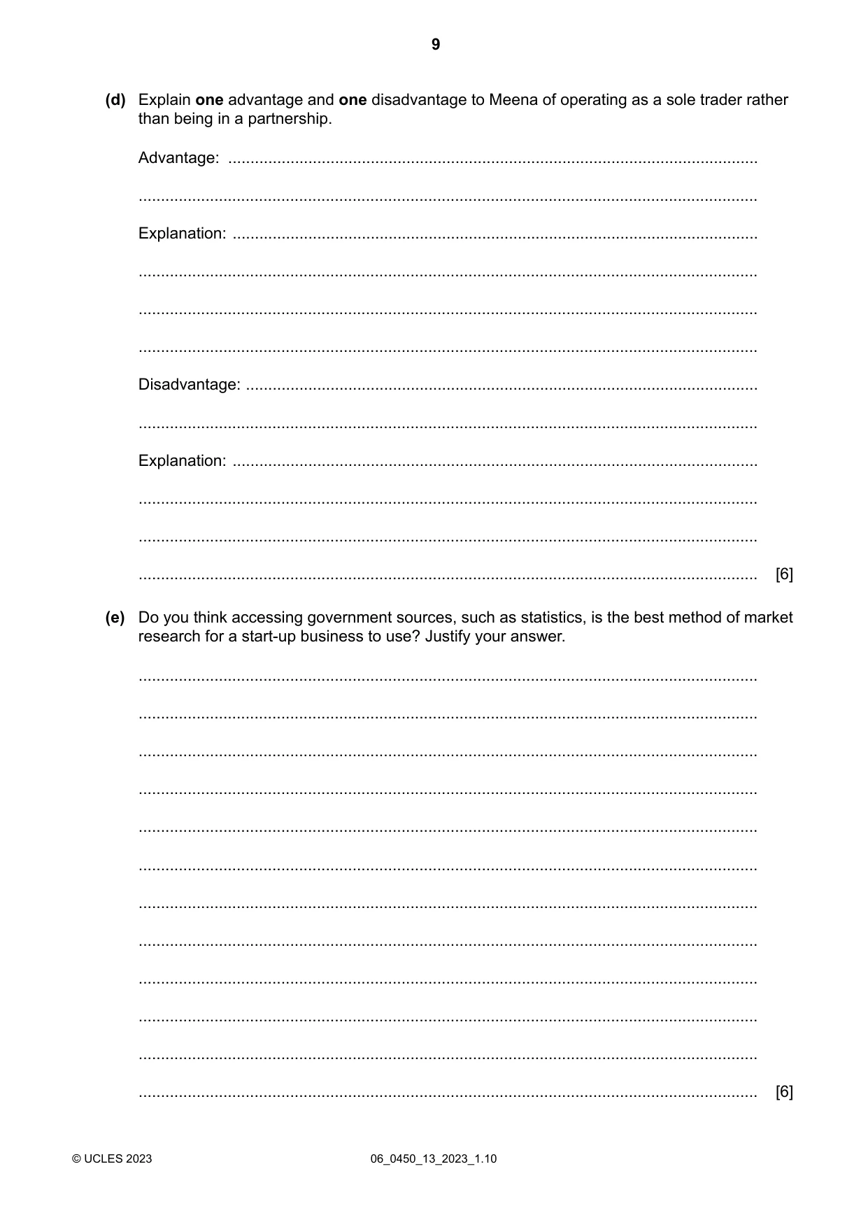 Cambridge IGCSE Business Studies 0450 2023 May/June Paper 1 · Variant 3 question paper, page 9 of 12