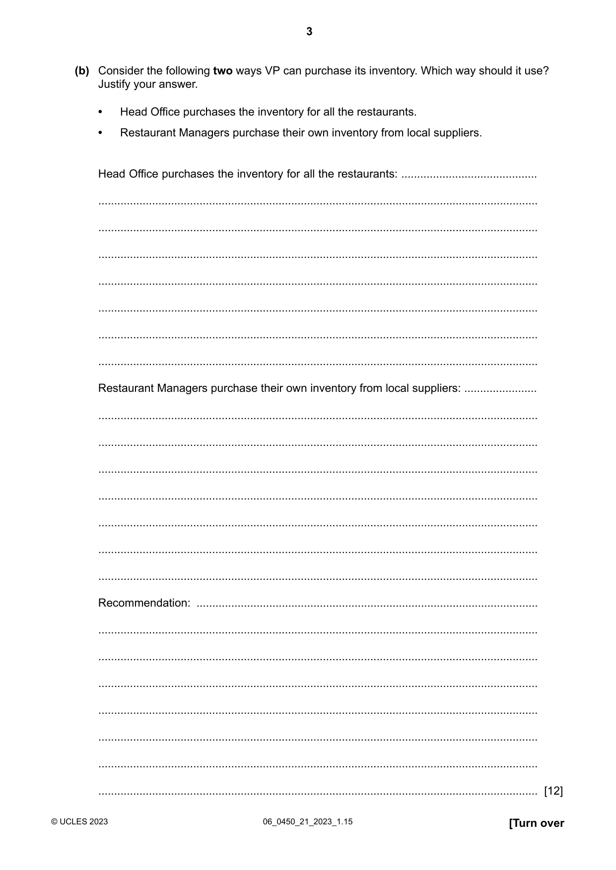 Cambridge IGCSE Business Studies 0450 2023 May/June Paper 2 · Variant 1 question paper, page 3 of 12