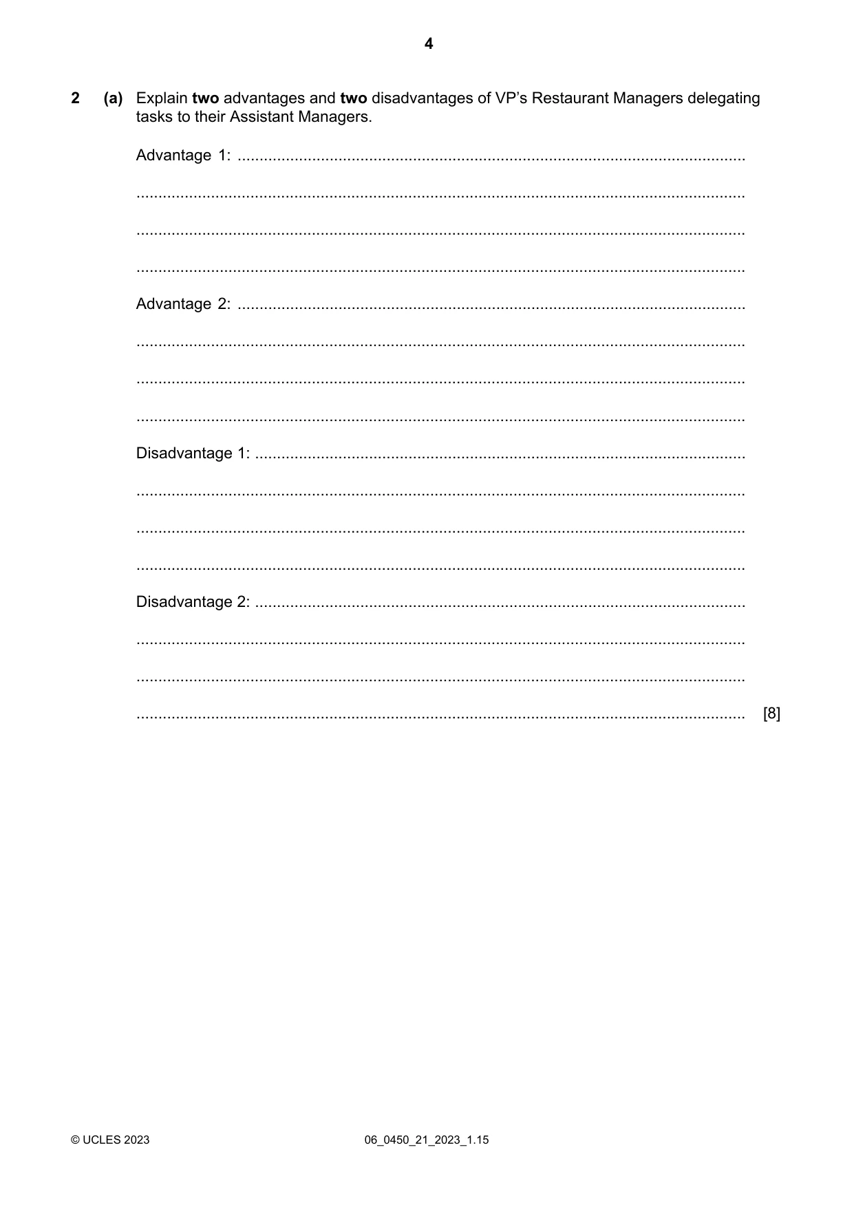 Cambridge IGCSE Business Studies 0450 2023 May/June Paper 2 · Variant 1 question paper, page 4 of 12