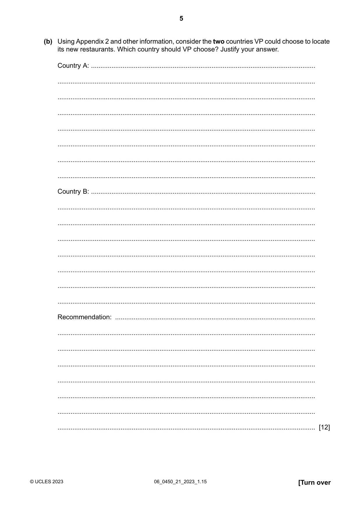 Cambridge IGCSE Business Studies 0450 2023 May/June Paper 2 · Variant 1 question paper, page 5 of 12